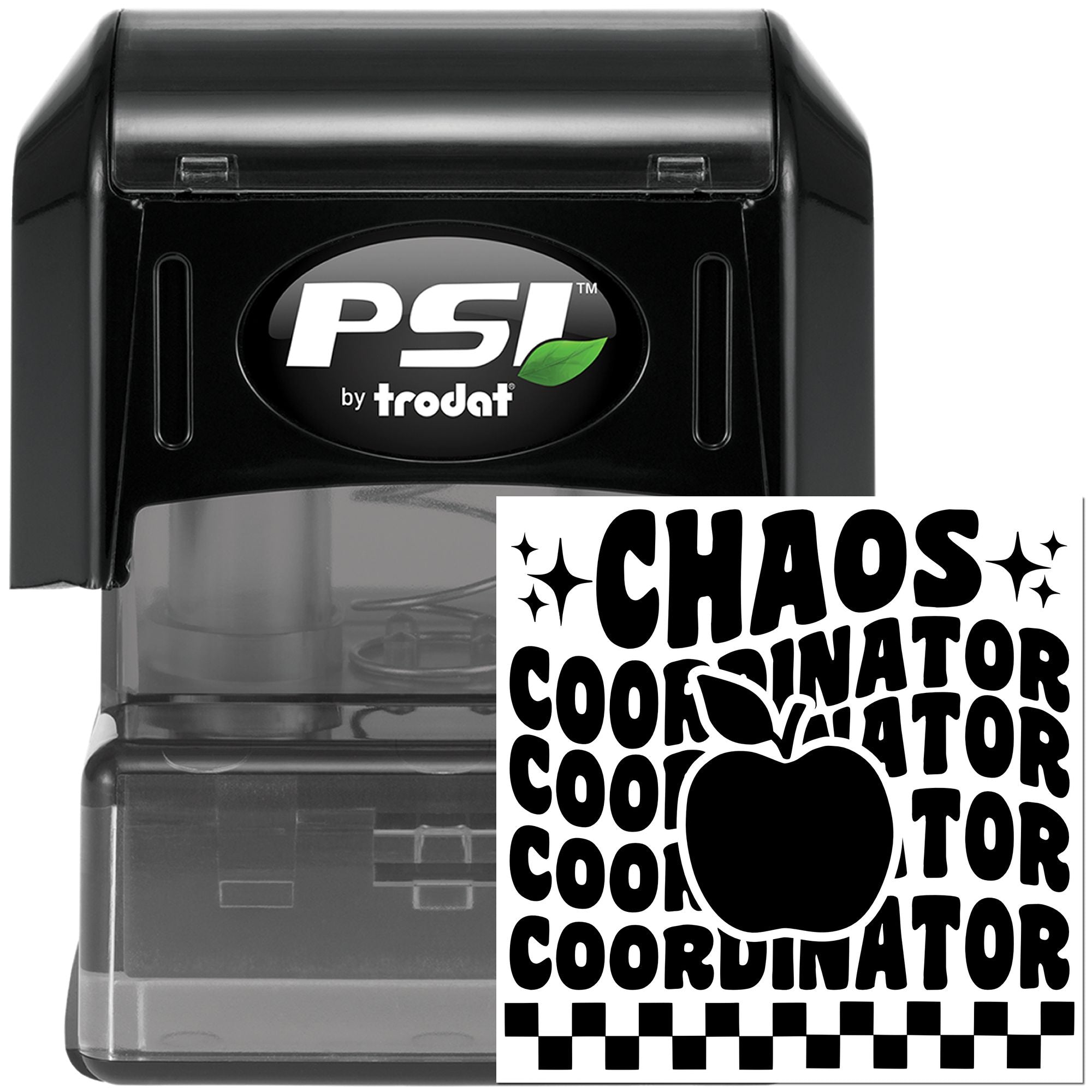 PSI by Trodat self-inking rubber stamp with Chaos Coordinator design for custom office labeling and fun gifts.