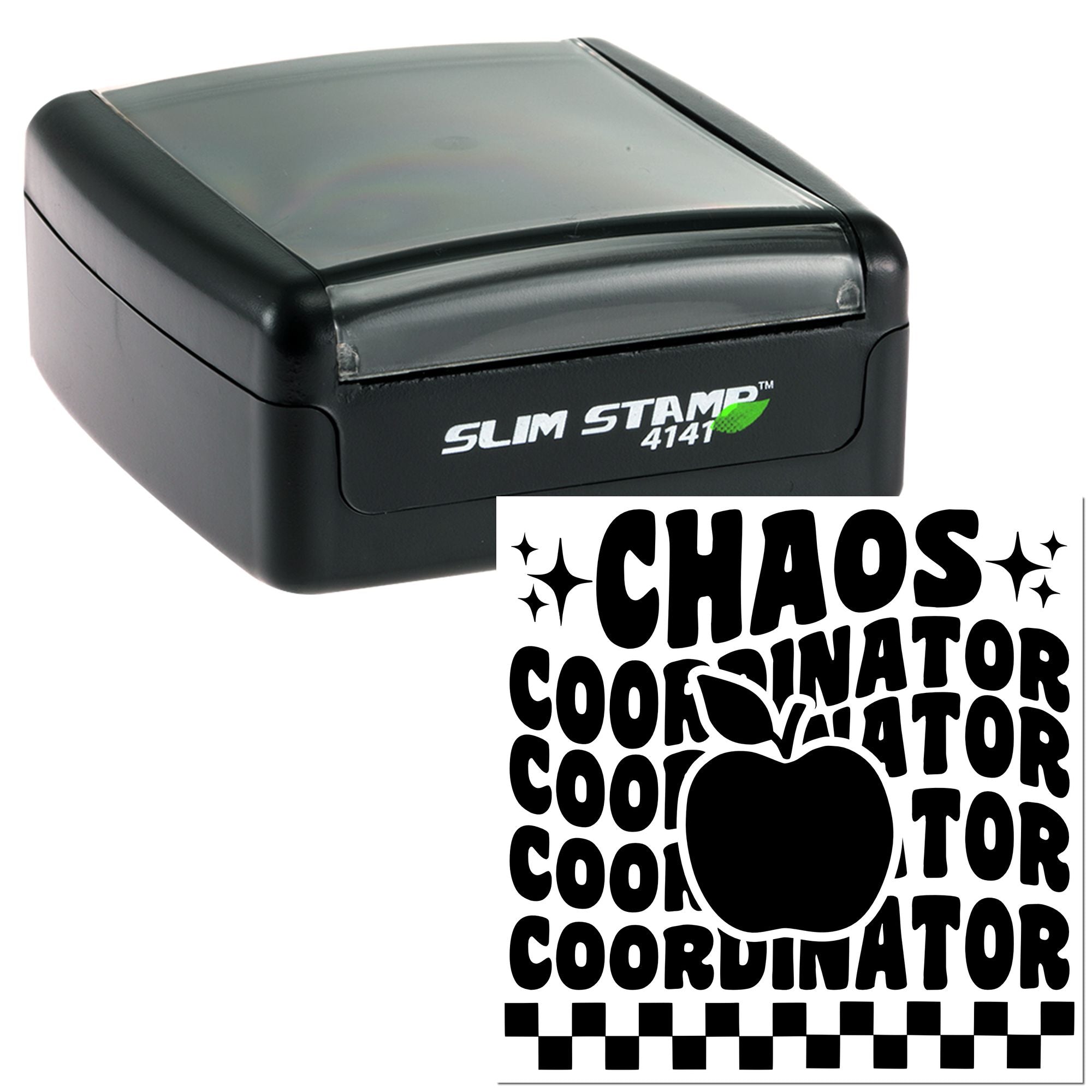 Self-inking rubber stamp with Chaos Coordinator design for personalized office, teacher, or craft use.