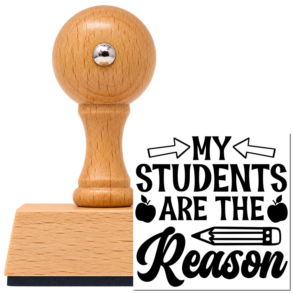 My Students Are The Reason Apple Motif Vintage Pro rubber stamp in European beech wood with a round knob handle, shown beside its black imprint.