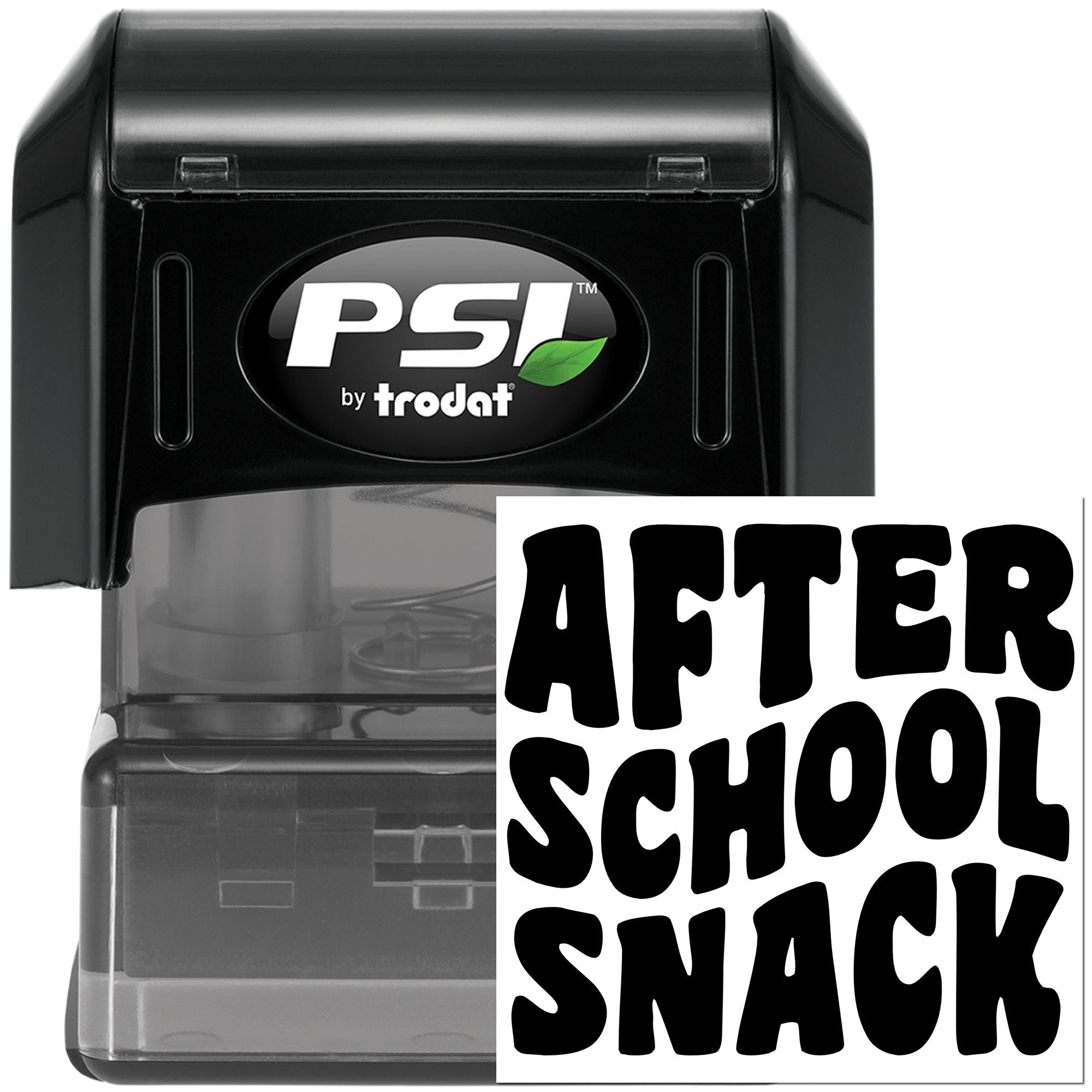 PSI by Trodat self-inking rubber stamp with After School Snack custom text for school, daycare, and snack labeling.
