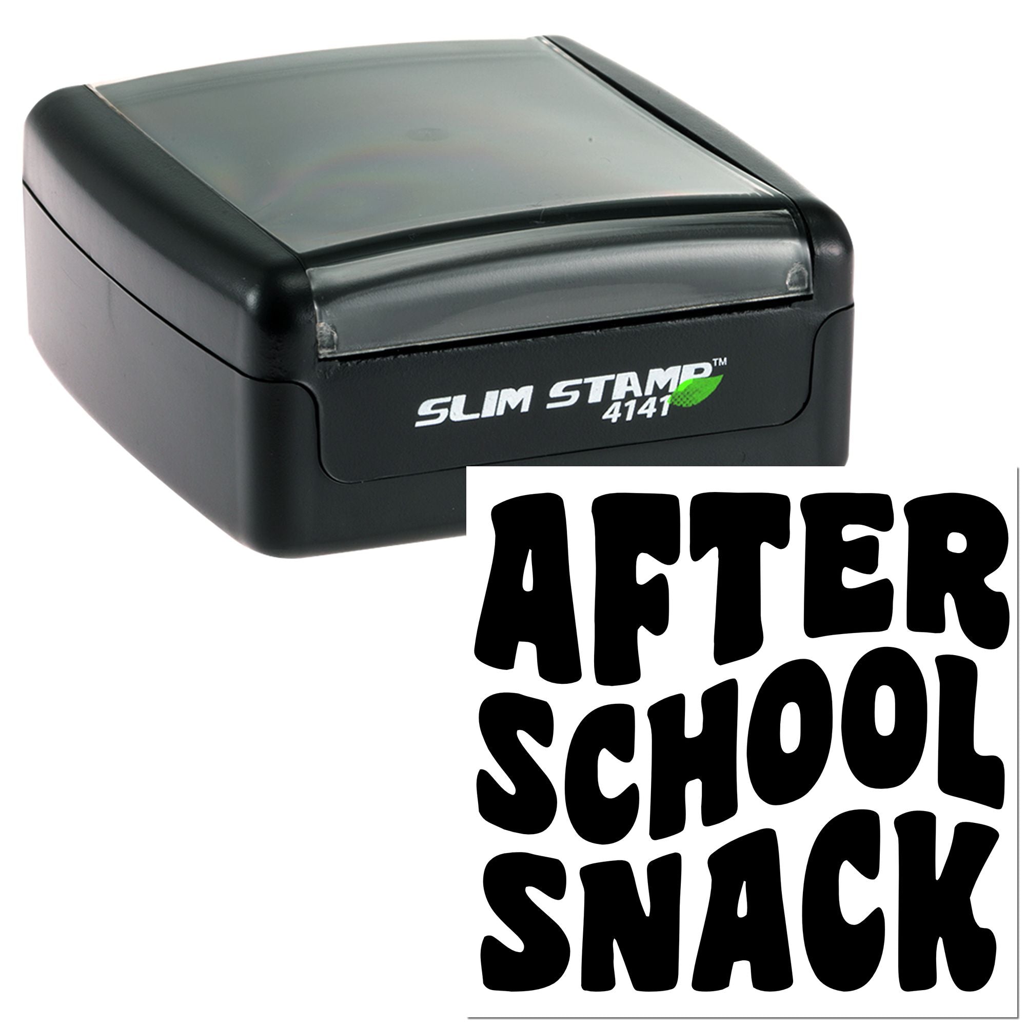 Slim Stamp 4141 self-inking rubber stamp with After School Snack imprint for teachers and classroom use.