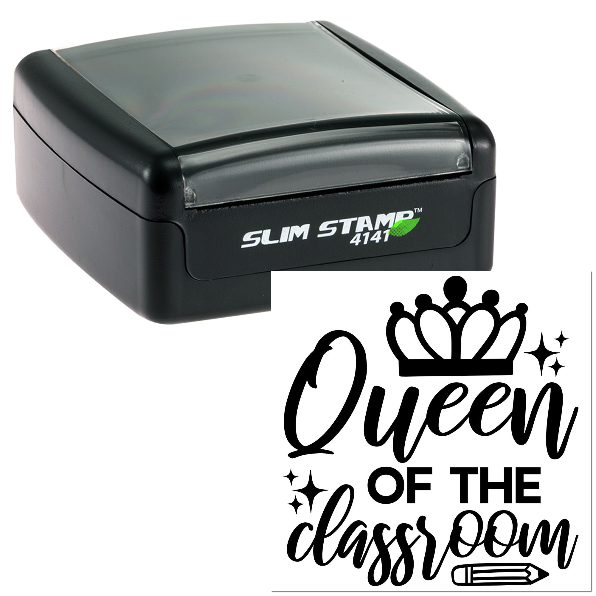 Self-inking rubber stamp with Queen of the Classroom design, crown, and pencil for teacher and classroom marking.