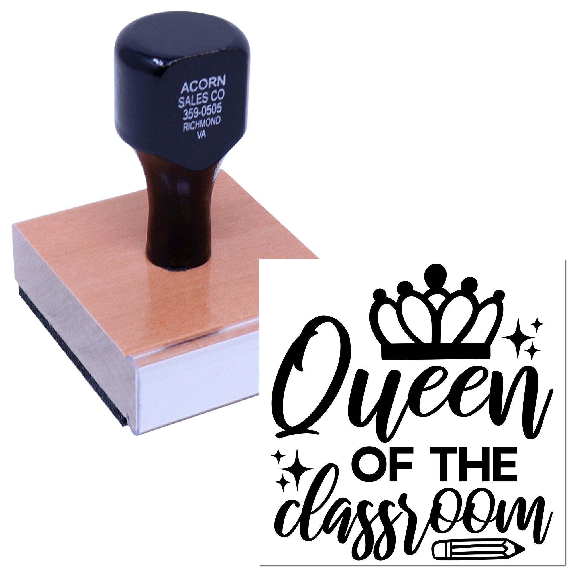 Queen of the Classroom rubber stamp with crown design, ideal for teacher rewards, classroom crafts, and school projects.