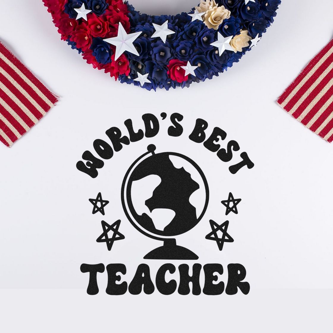 Worlds Best Teacher rubber stamp with globe and stars, perfect for teacher appreciation cards, classroom crafts, and gifts.