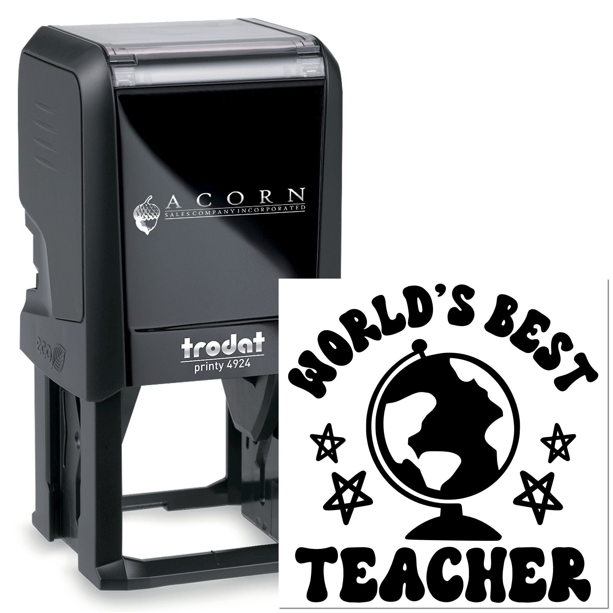 Custom self-inking rubber stamp for teachers, featuring Worlds Best Teacher design with globe icon, Trodat Printy 4924.
