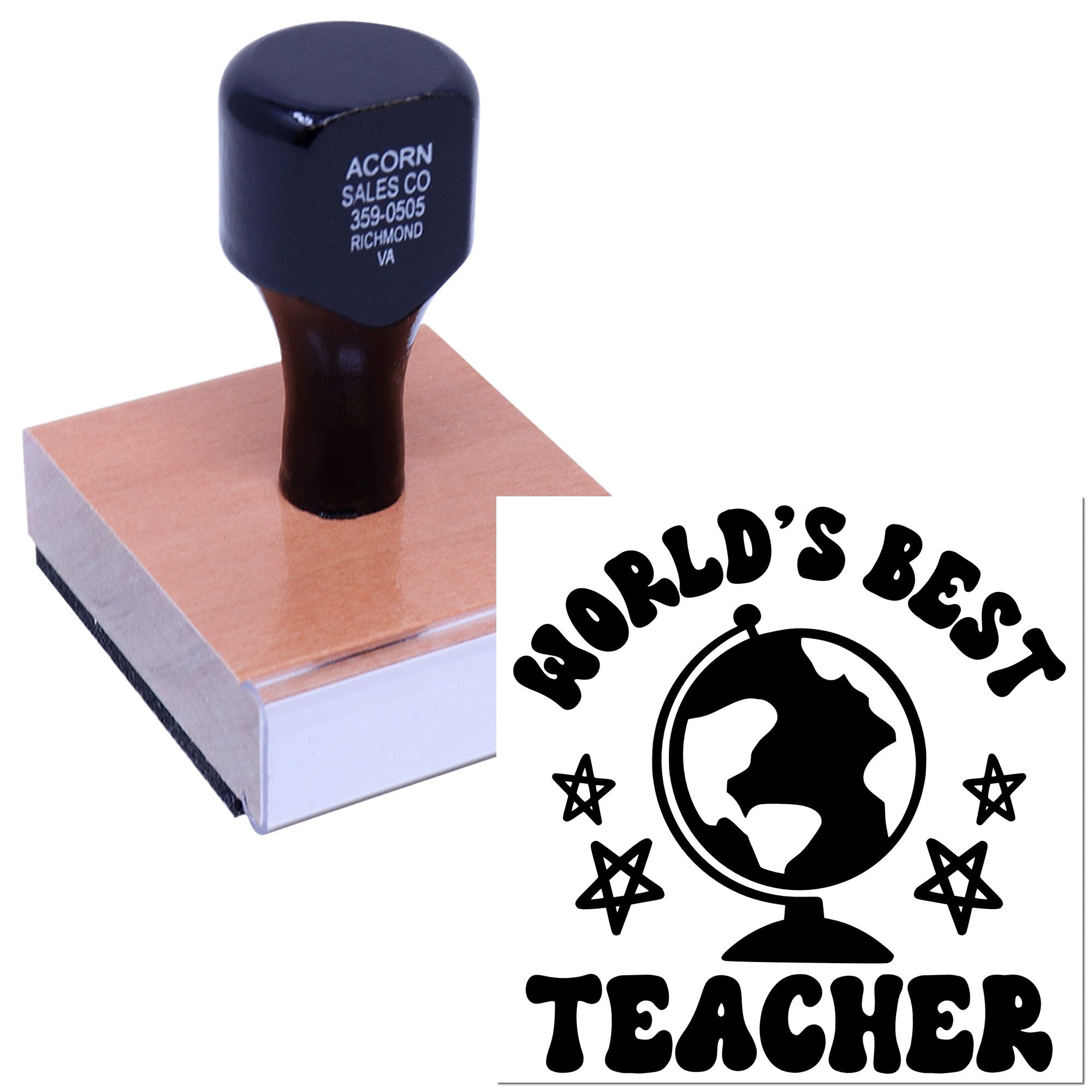Worlds Best Teacher custom rubber stamp design with globe and stars for classroom reward stamping.