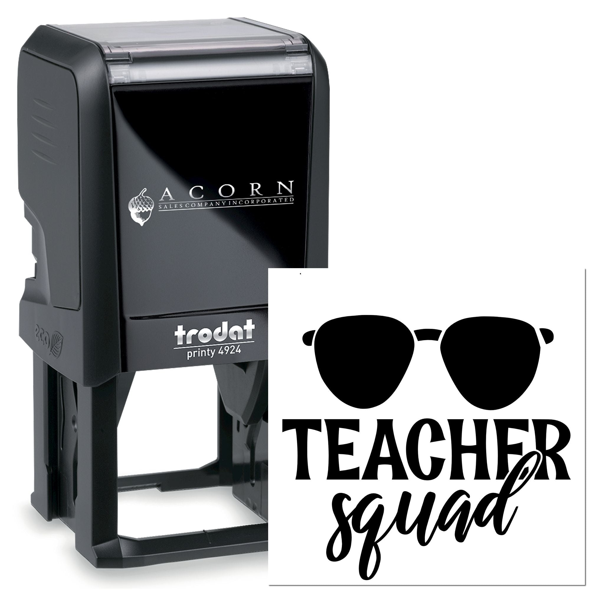 Teacher Squad self-inking rubber stamp by Trodat with sunglasses design for classroom use, labeling, and teacher gifts