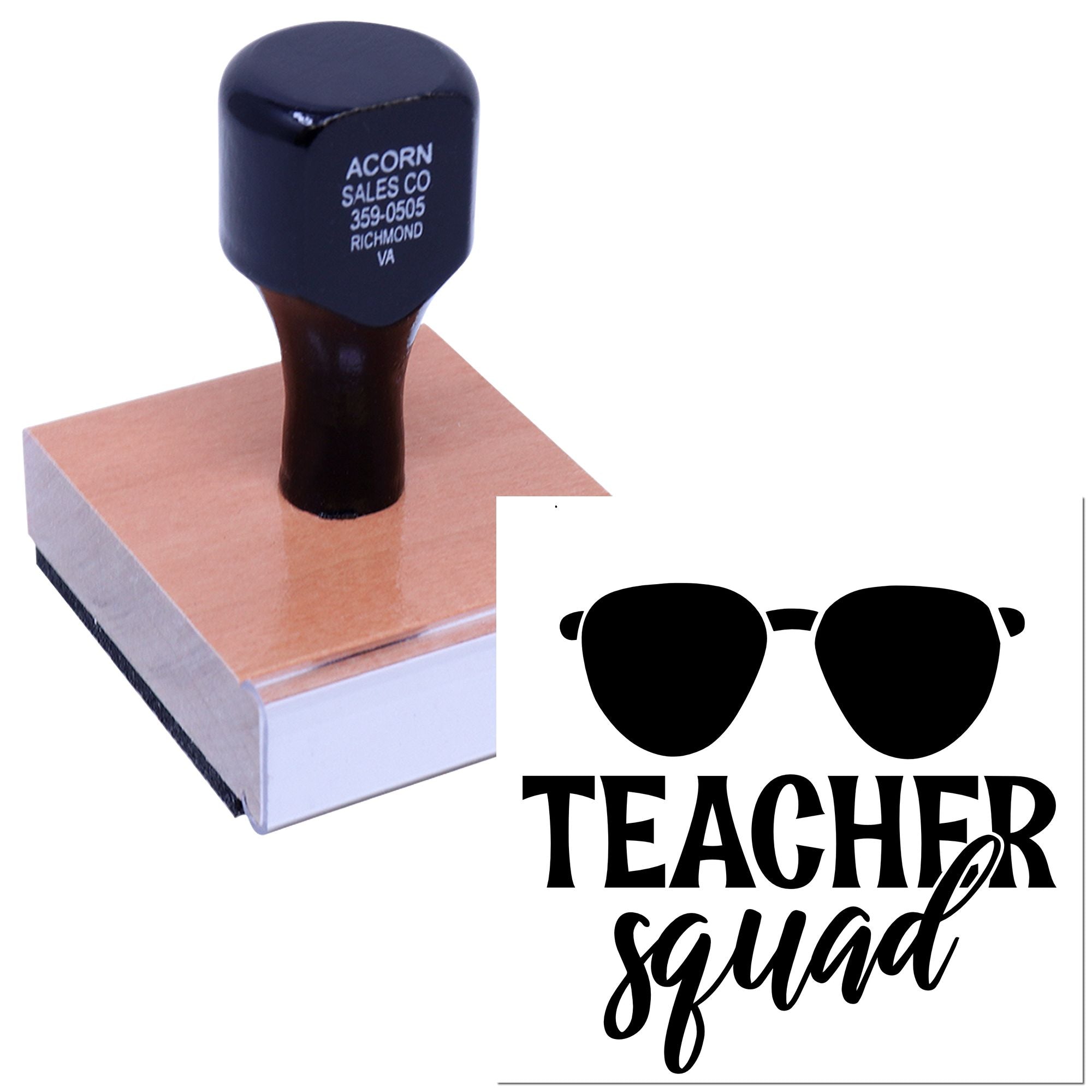 Teacher Squad custom rubber stamp with sunglasses design for classroom gifts and personalized teacher stamping.