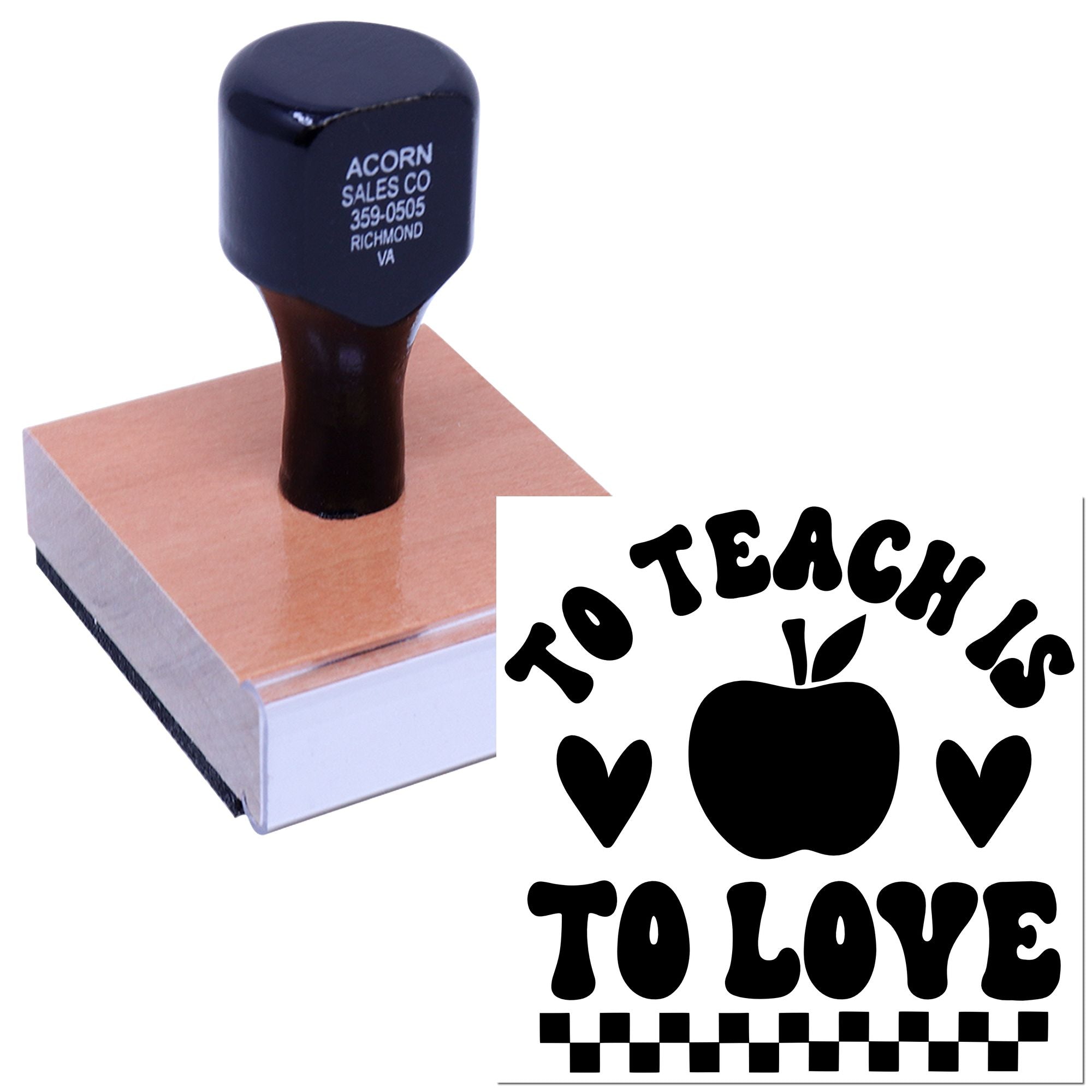 Custom rubber stamp with To Teach Is To Love apple and hearts design for teachers, classroom rewards, and school crafts.