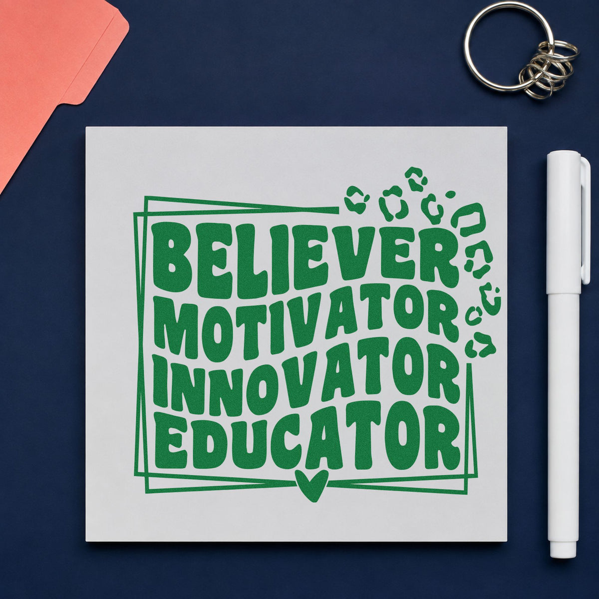 Believer Motivator Innovator Educator craft stamp imprint in green ink on a handmade project, one idea being job profile pages.