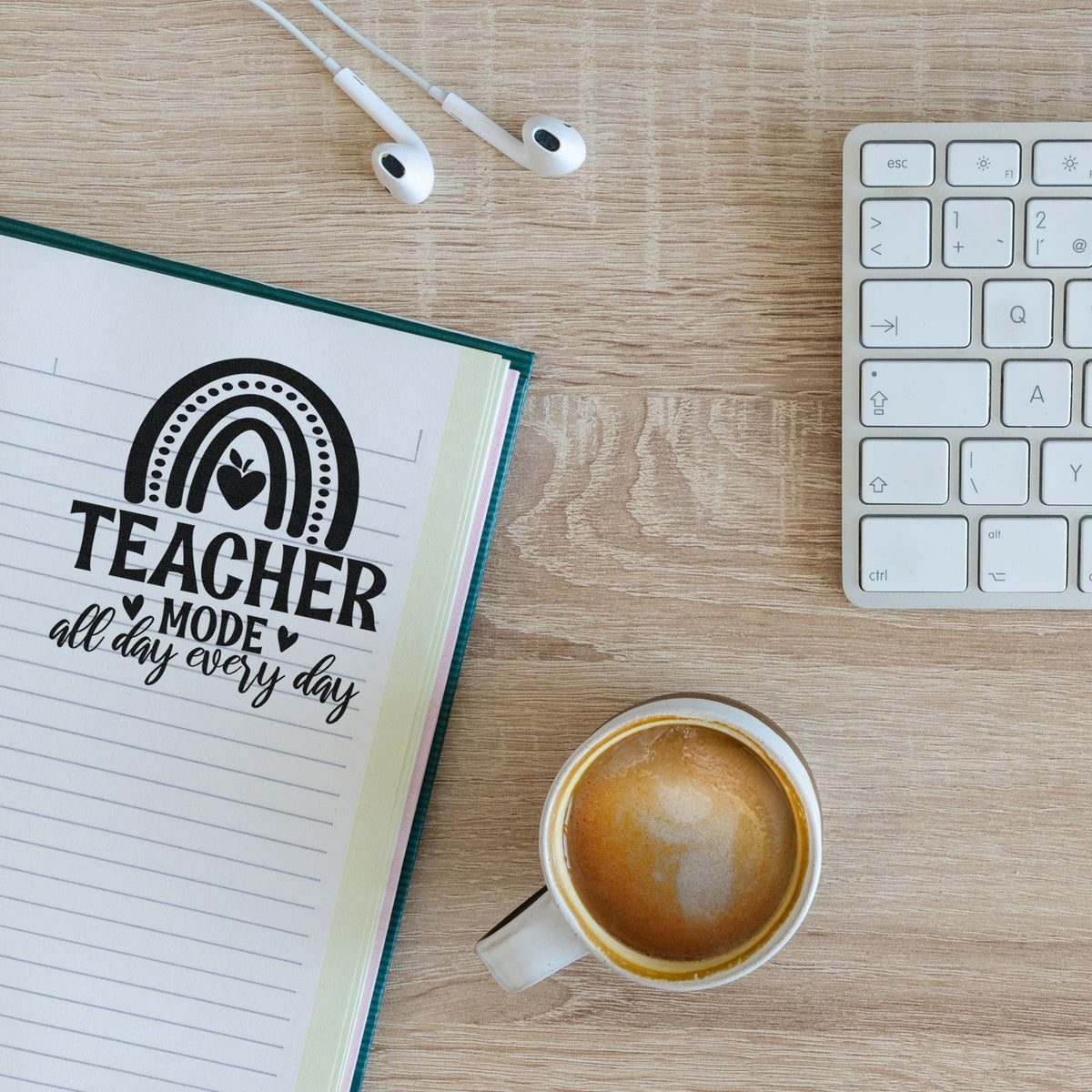 Teacher mode all day every day rubber stamp on notebook, ideal for teacher planners, classroom notes, and desk organization.