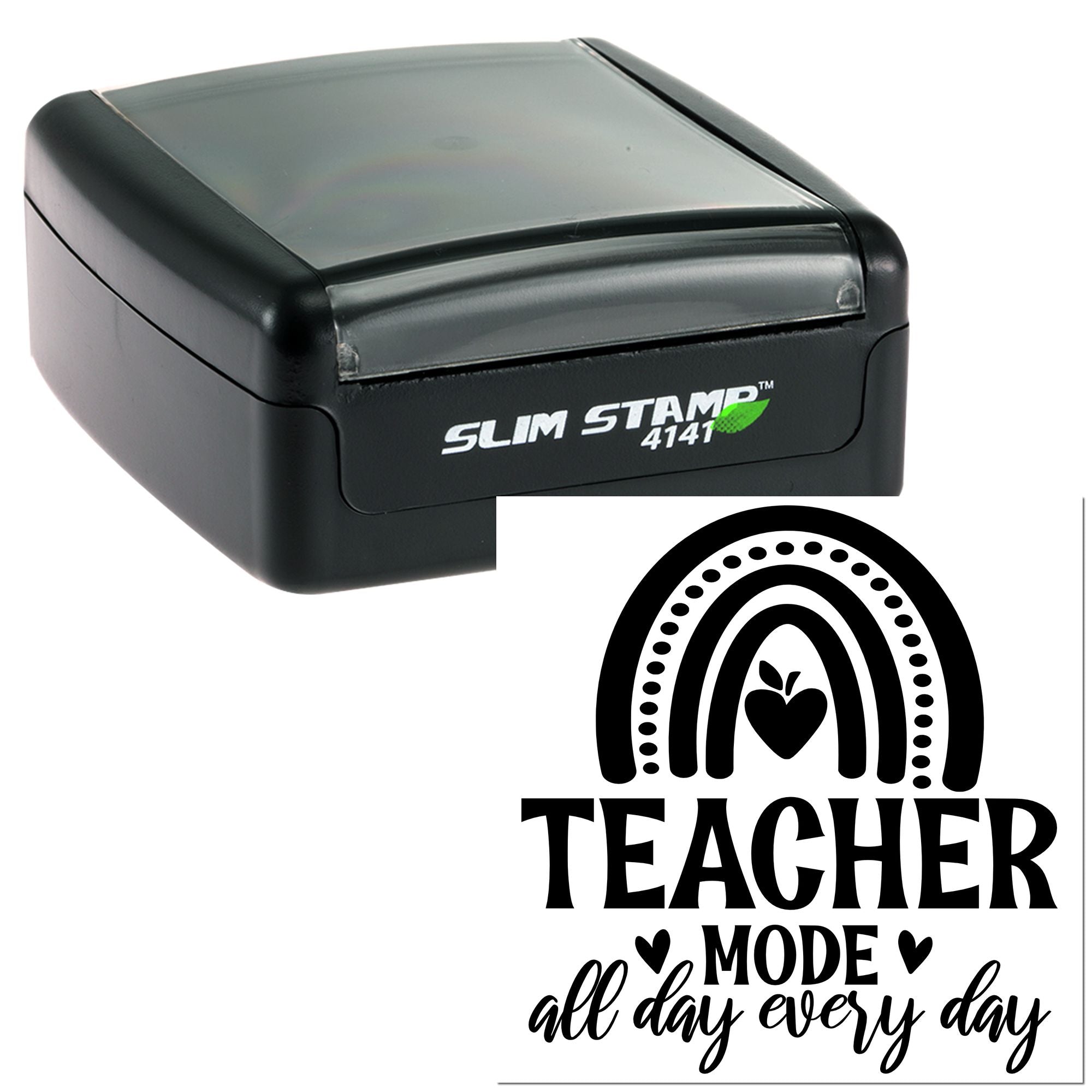 Slim Stamp self-inking teacher rubber stamp with Teacher Mode All Day Every Day design for classroom use.