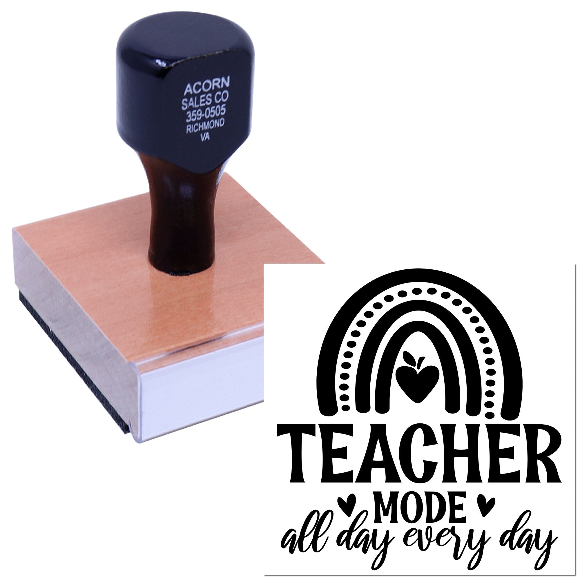 Custom Teacher Mode rubber stamp with rainbow heart design for classroom motivation, teacher crafts, and handmade projects.