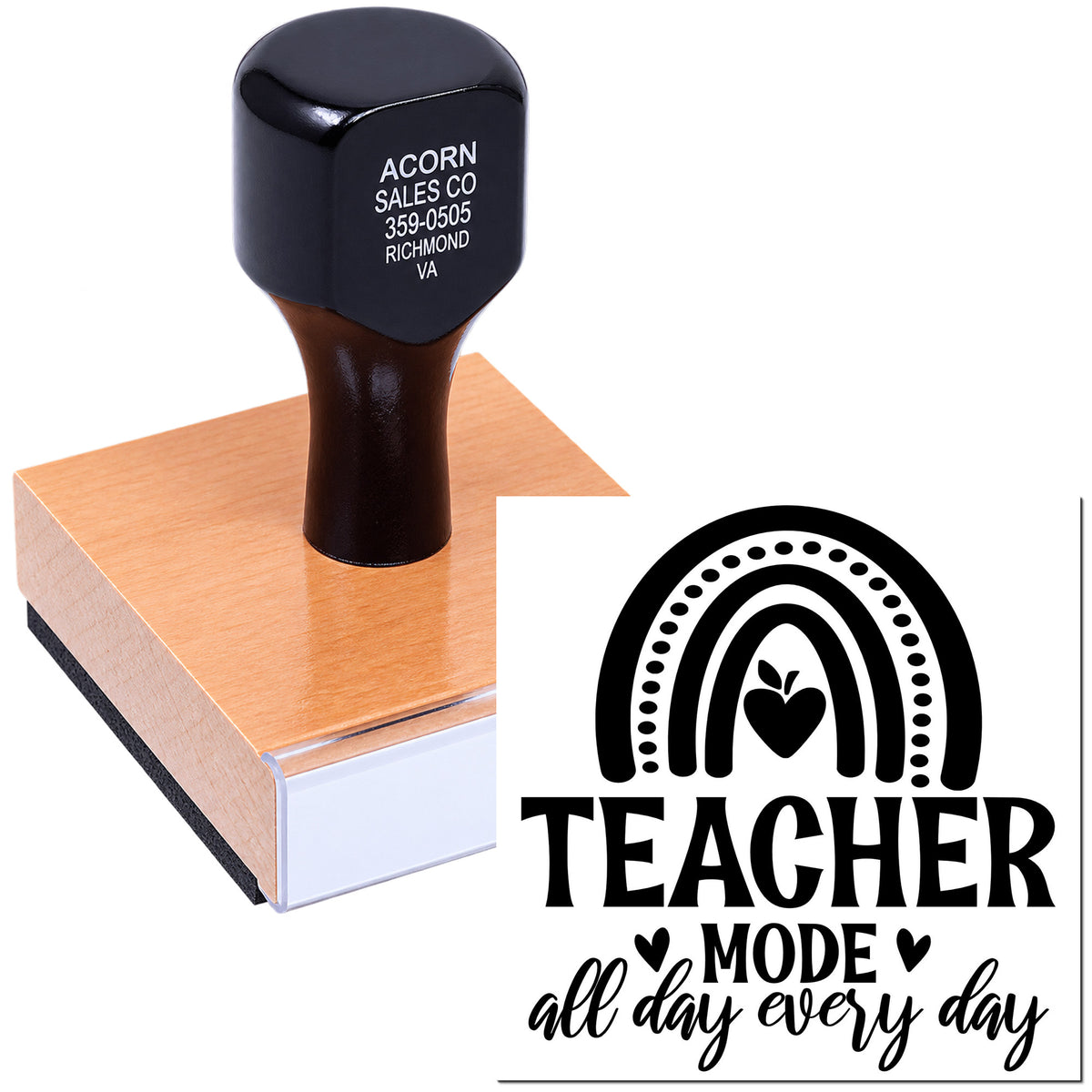 Custom Teacher Mode rubber stamp with rainbow heart design for classroom motivation, teacher crafts, and handmade projects.