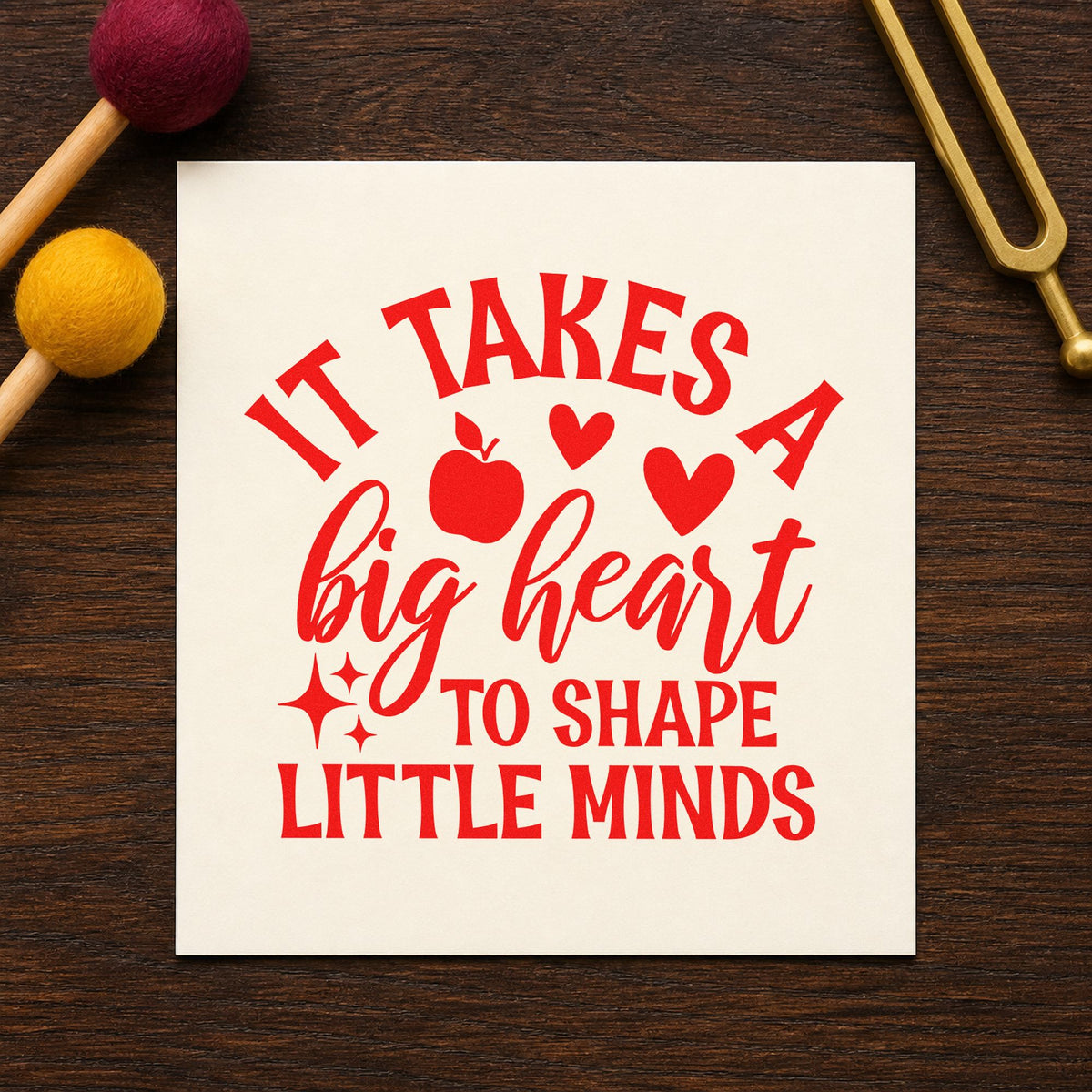 Big Heart Shape Little Minds rubber stamp shown in red ink, stamped for projects such as settling week notes.