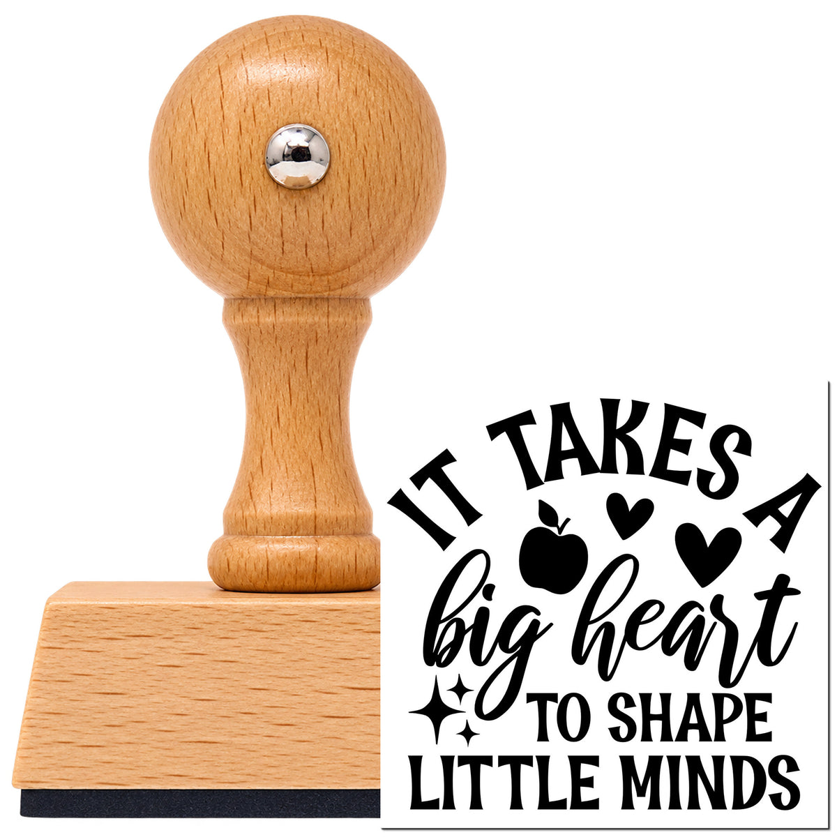 Big Heart Shape Little Minds Vintage Pro rubber stamp in European beech wood with a round knob handle, shown beside its black imprint.