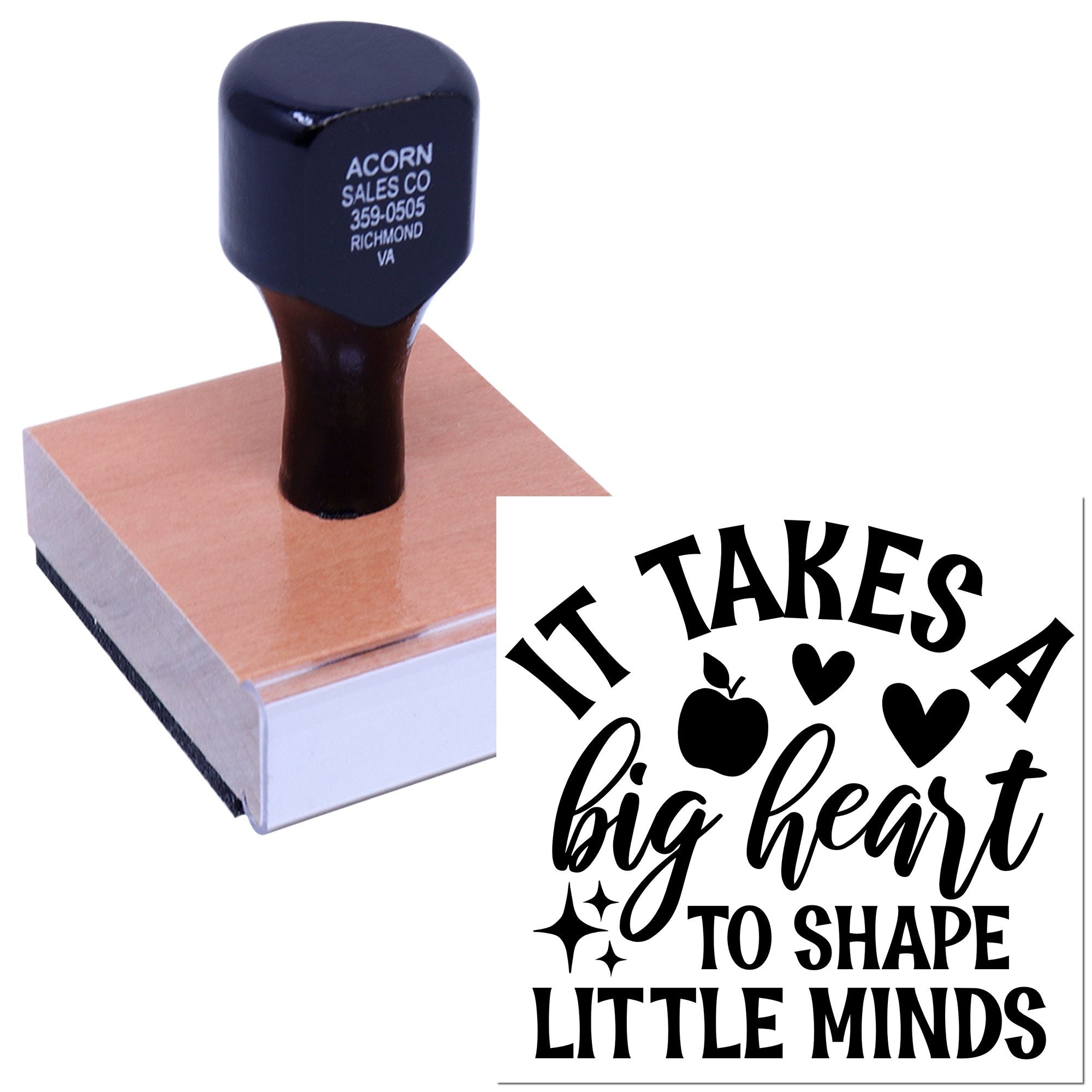 Teacher rubber stamp with inspirational message: It takes a big heart to shape little minds with apple and hearts.