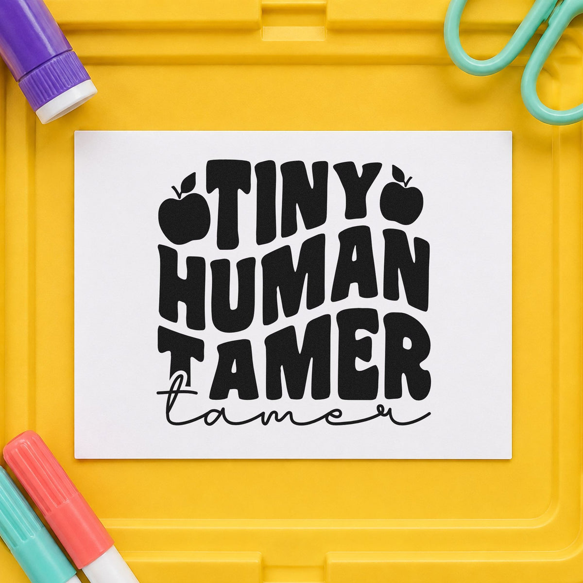 Tiny Human Tamer Apples rubber stamp printed in black ink, ready for script tamer cards and similar paper crafts.