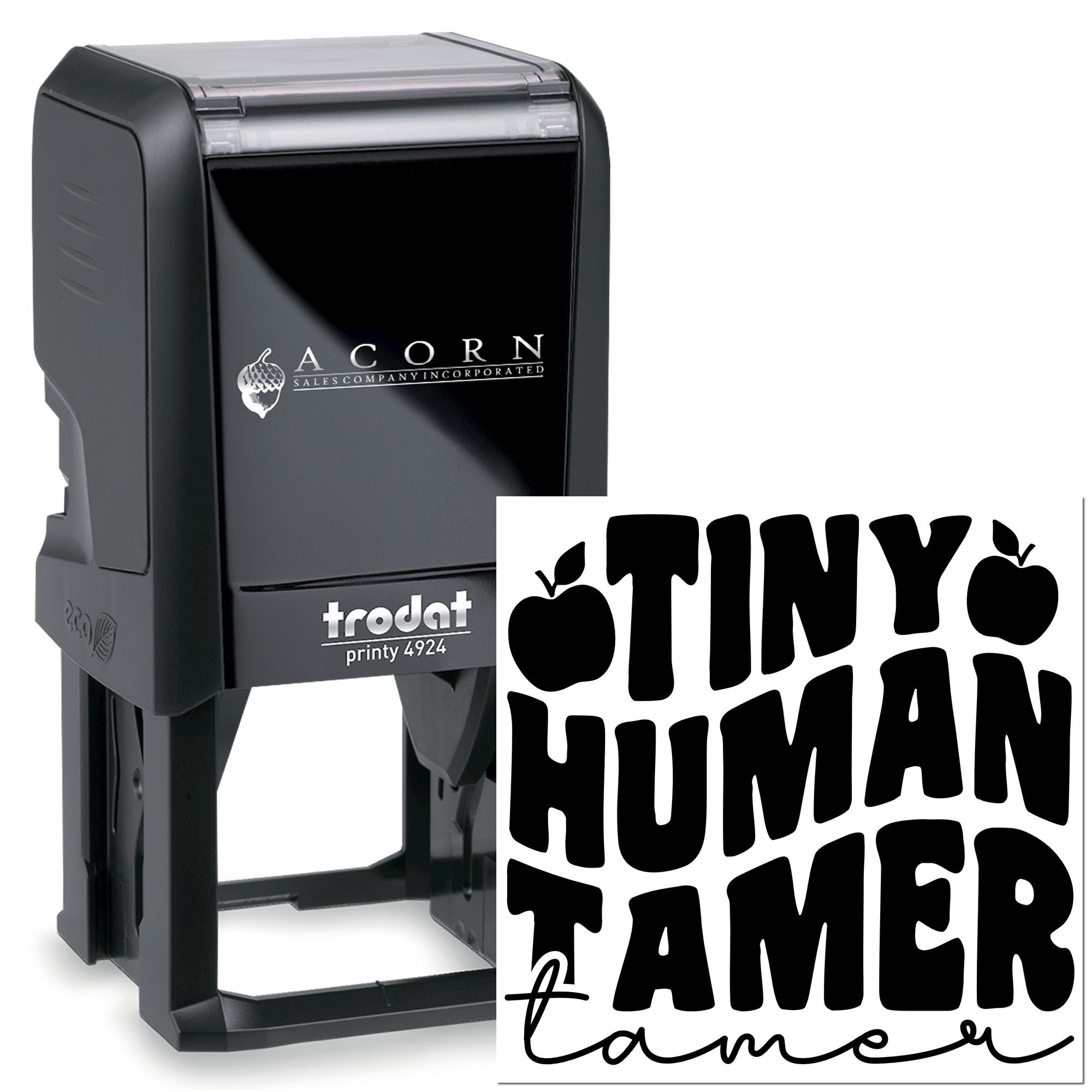 Custom Trodat self-inking rubber stamp with Tiny Human Tamer design, ideal for personalized school or business use.