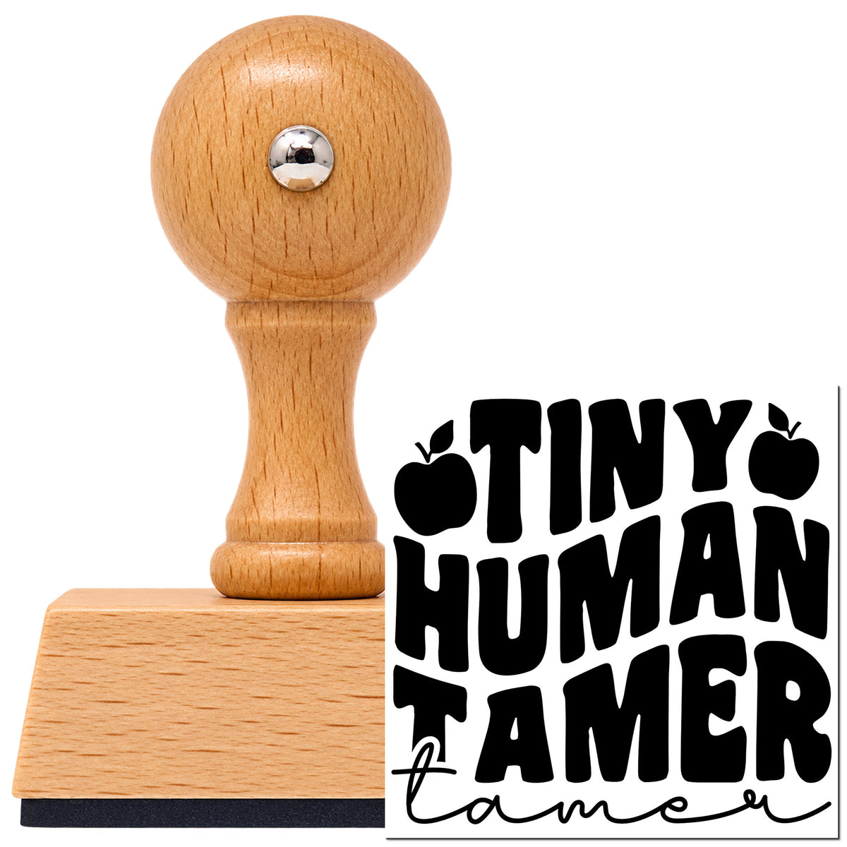Tiny Human Tamer Apples Vintage Pro rubber stamp in European beech wood with a round knob handle, shown beside its black imprint.