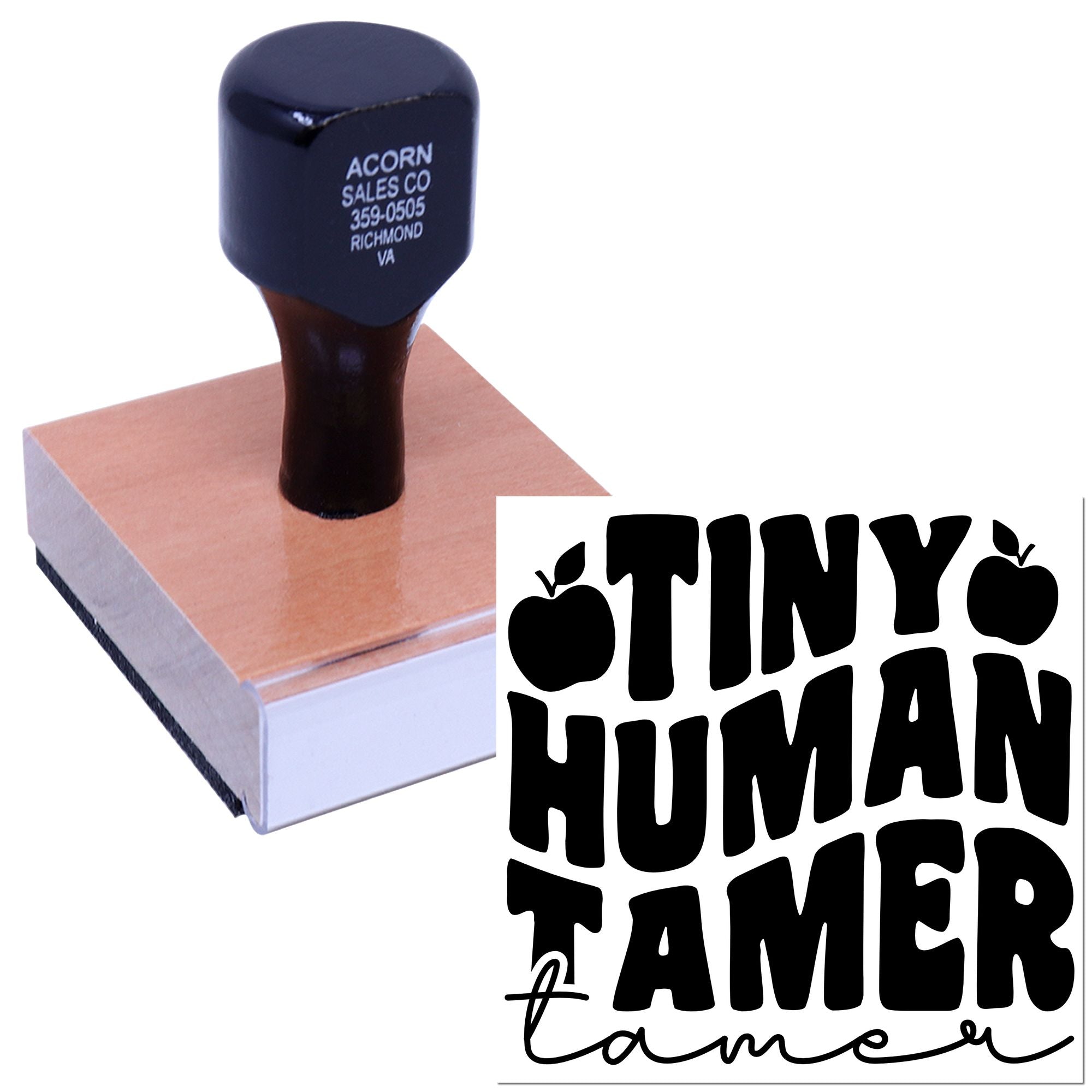 Custom rubber stamp with Tiny Human Tamer logo for personalized branding and stationery