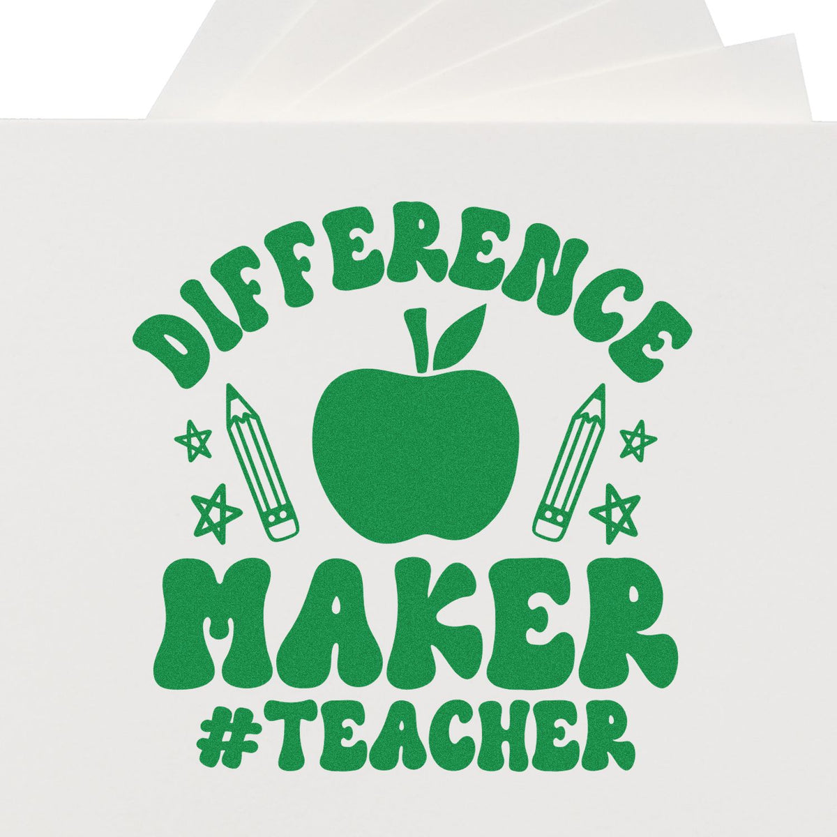 Green Difference Maker #Teacher rubber stamp with apple, pencils and stars for educator rewards or classroom use.