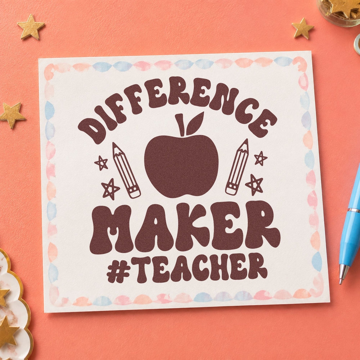 Difference Maker Teacher Apple Rubber Stamp – Wood Handle in use 4