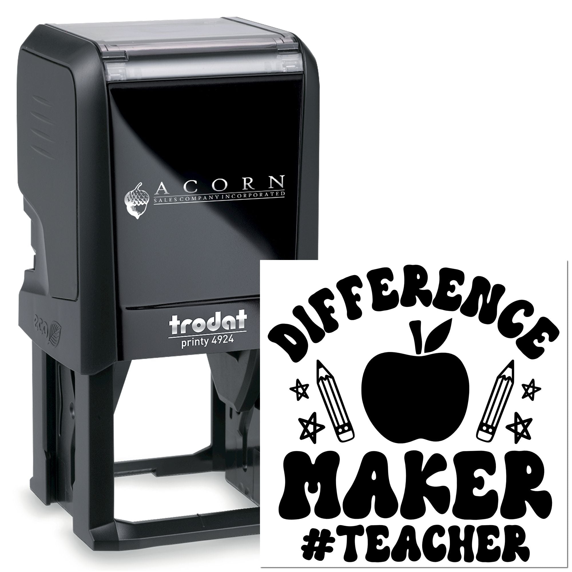Trodat self-inking teacher rubber stamp with Difference Maker #Teacher apple and pencil design.