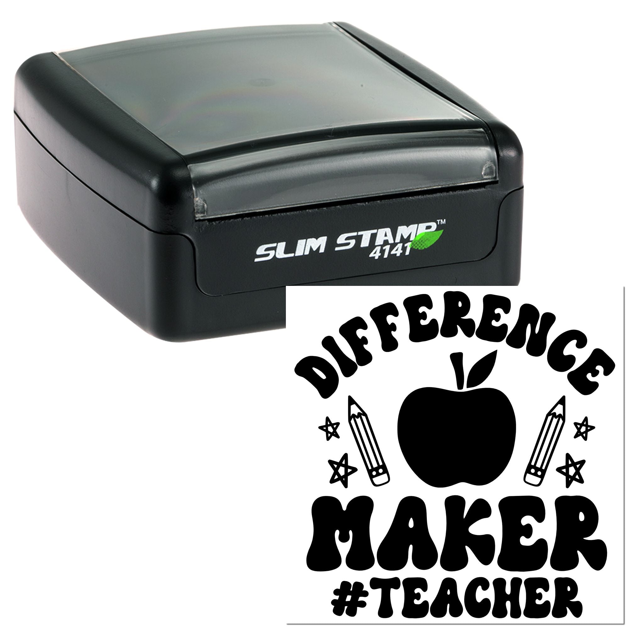 Slim self-inking teacher rubber stamp with Difference Maker apple design for classroom use.
