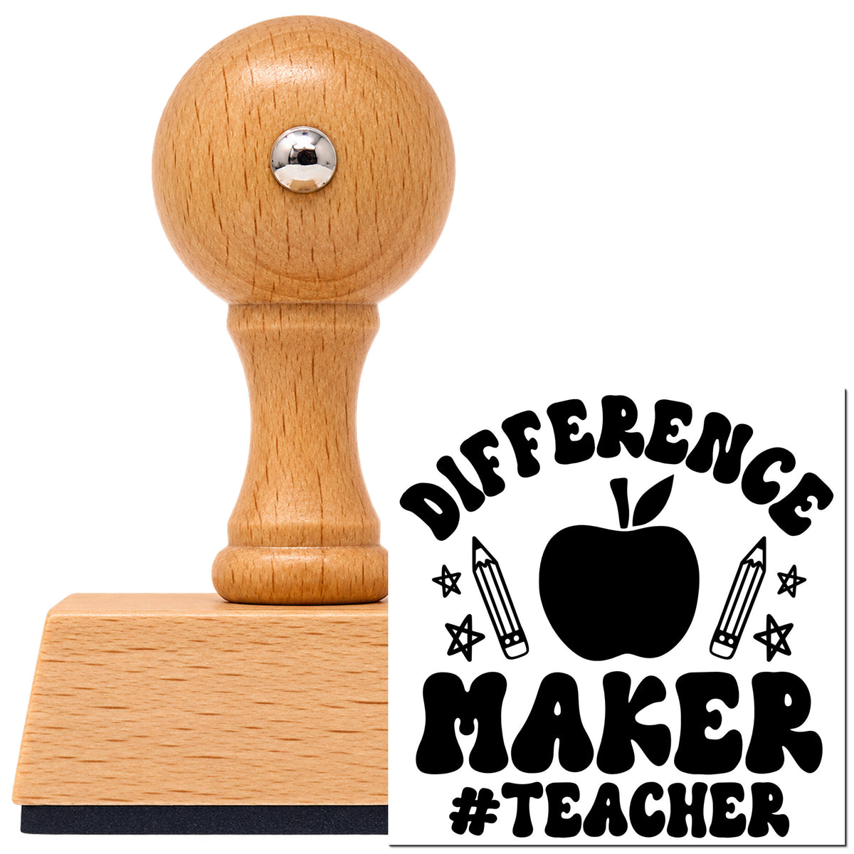 Difference Maker Teacher Apple Vintage Pro rubber stamp in European beech wood with a round knob handle, shown beside its black imprint.
