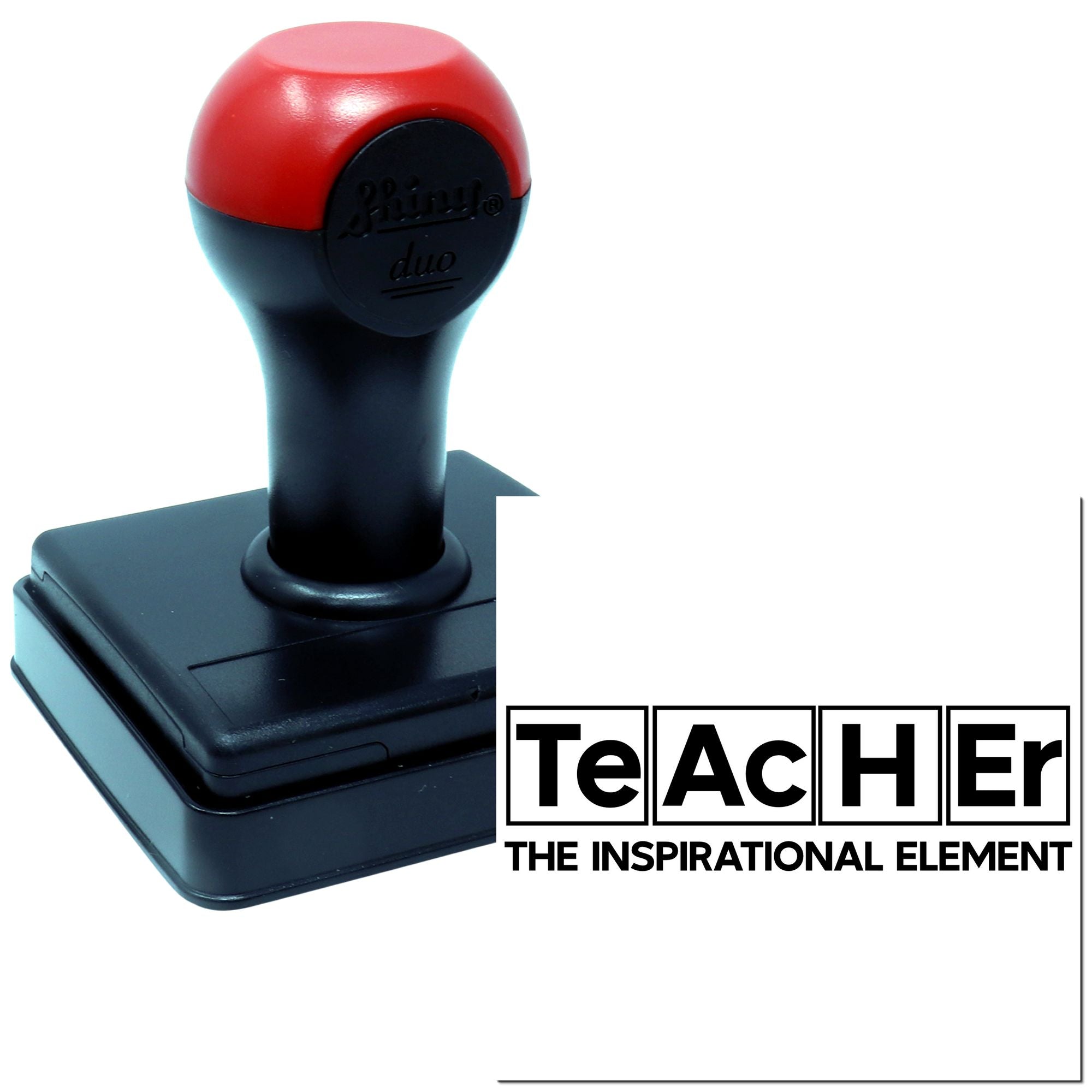 Teacher rubber stamp with self-inking handle and custom Teacher imprint, ideal for classroom grading and education.