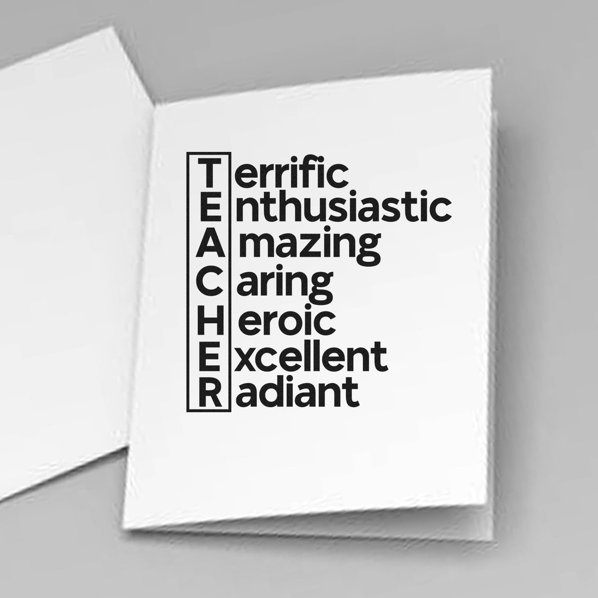 Teacher rubber stamp design with TEACHER acronym and words Terrific, Enthusiastic, Amazing, Caring, Heroic, Excellent, Radiant.