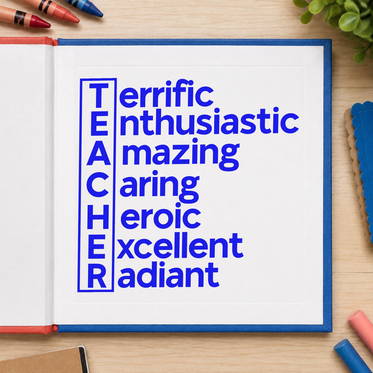 Teacher Traits Acrostic craft stamp in blue ink on cardstock, an easy option for banner strip panels.