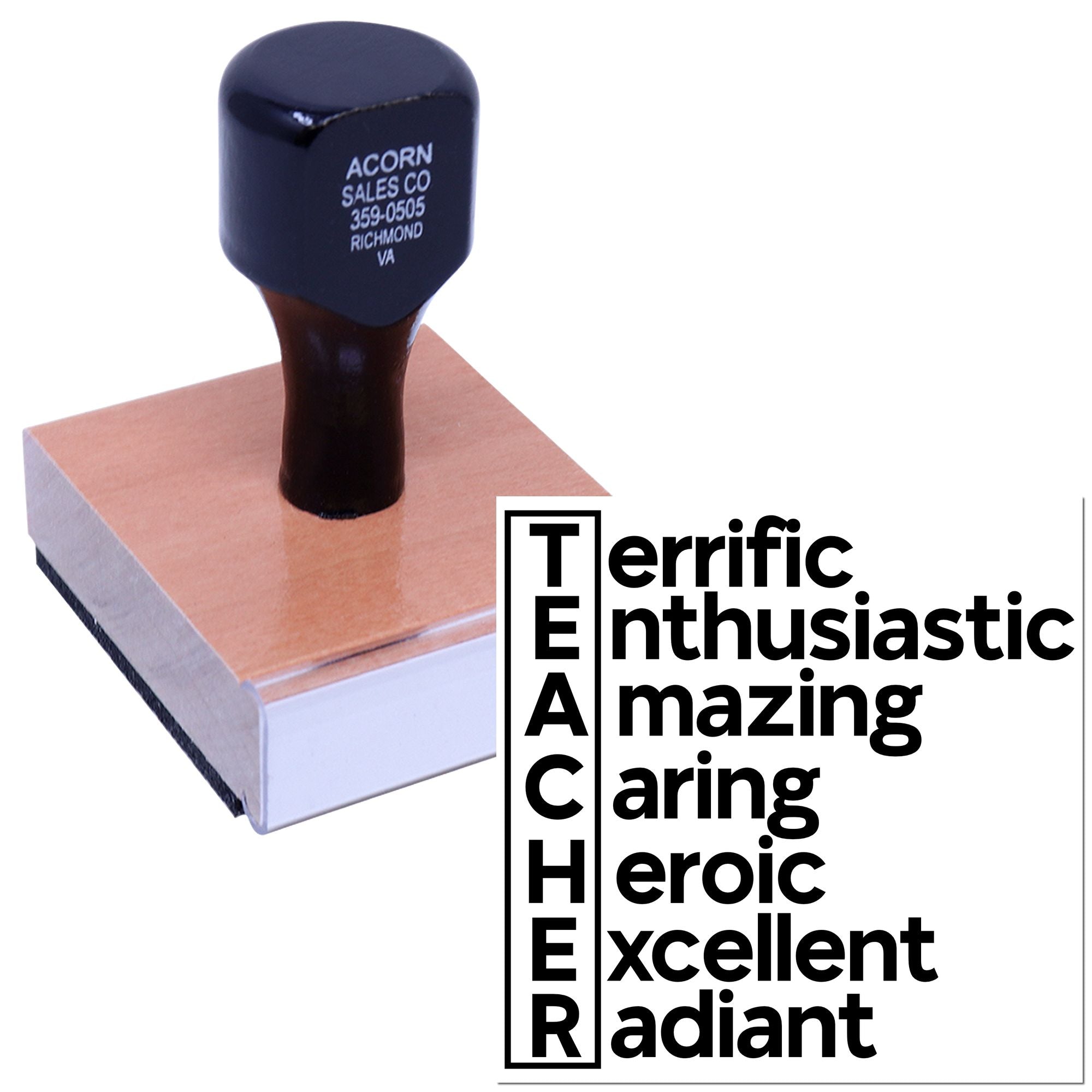 Custom teacher rubber stamp with uplifting words: terrific, enthusiastic, amazing, caring, heroic, excellent and radiant.