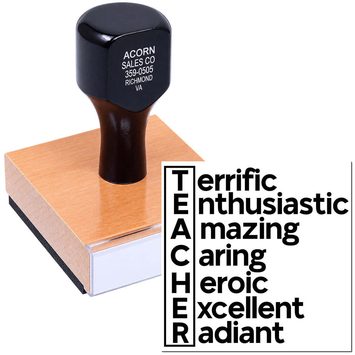 Custom teacher rubber stamp with uplifting words: terrific, enthusiastic, amazing, caring, heroic, excellent and radiant.