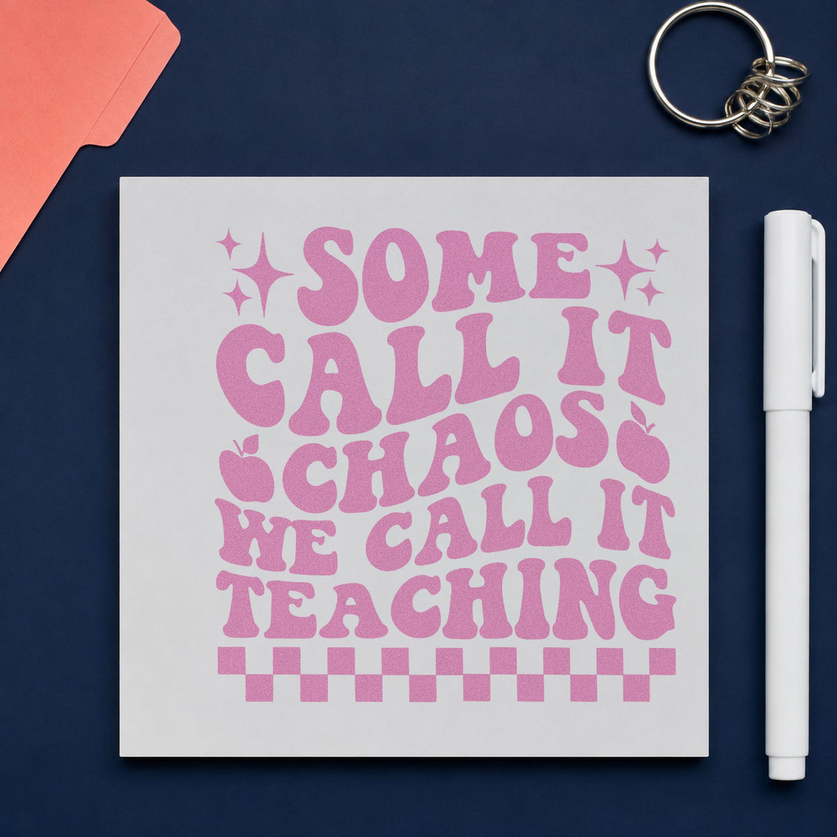Some Call It Chaos craft stamp in purple ink on cardstock, an easy option for wet break tags.