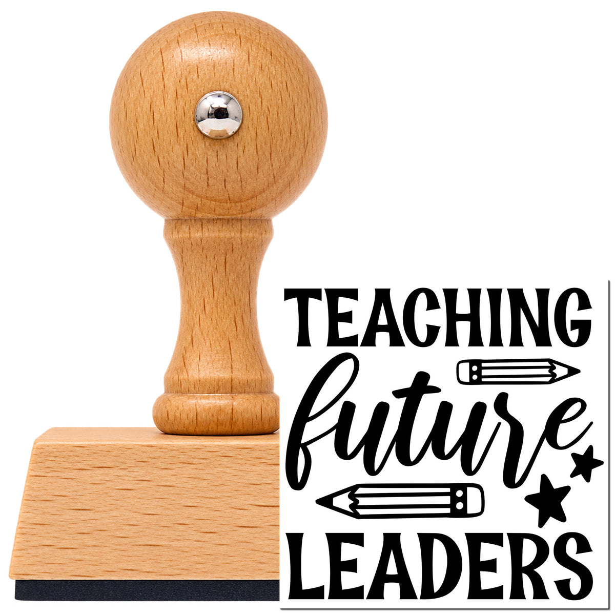 Teaching Future Leaders Pencils Vintage Pro rubber stamp in European beech wood with a round knob handle, shown beside its black imprint.