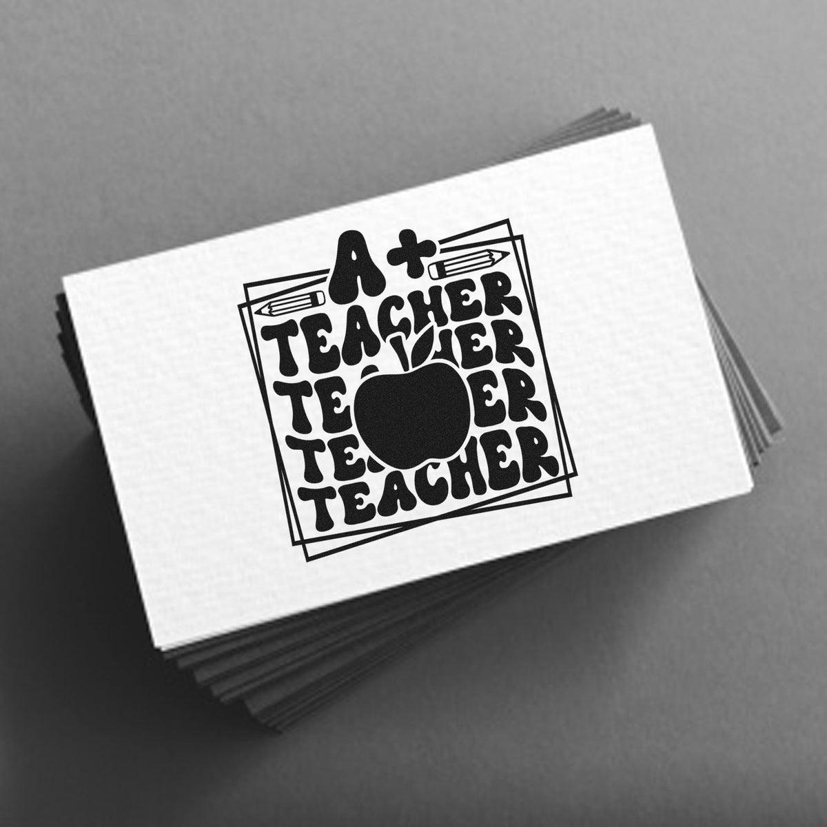 A+ Teacher rubber stamp design with apple and pencils for classroom labels, teacher gifts, and appreciation cards.