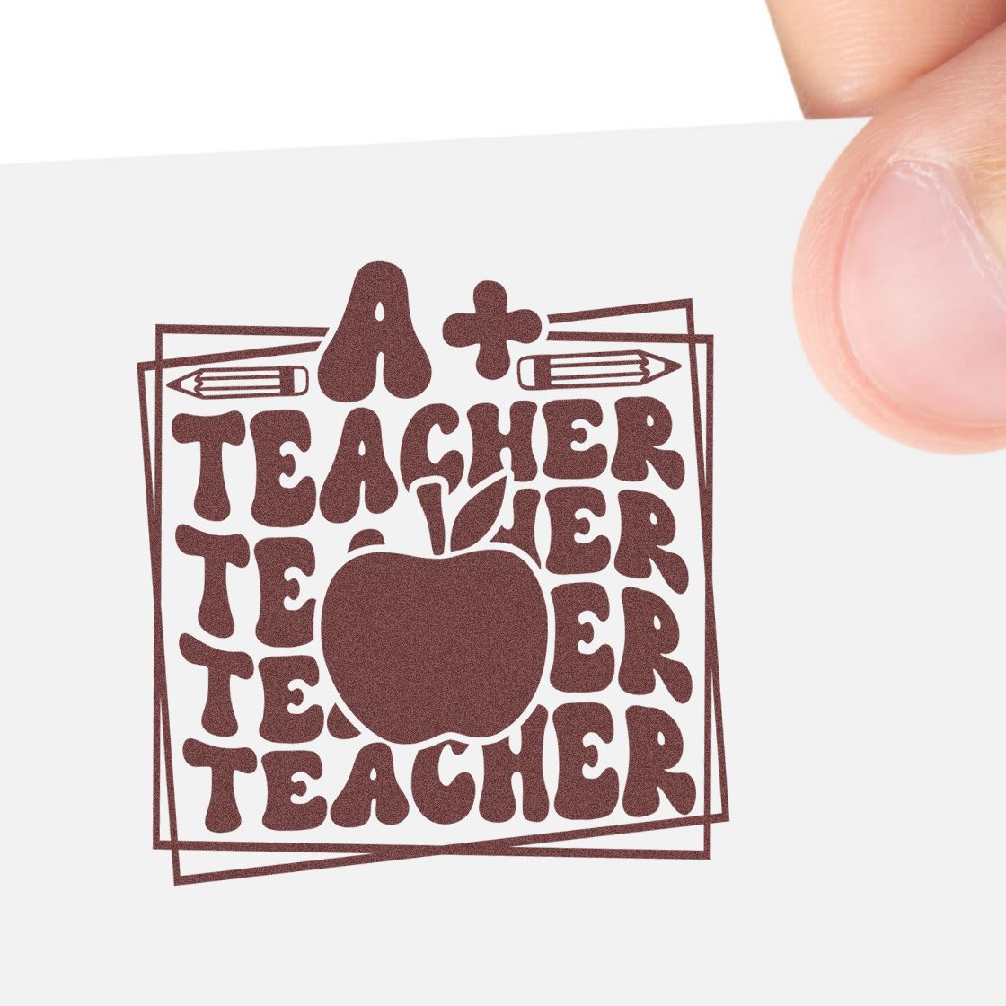 A+ Teacher rubber stamp design with apple and pencils for classroom rewards, teacher gifts, and school craft projects.