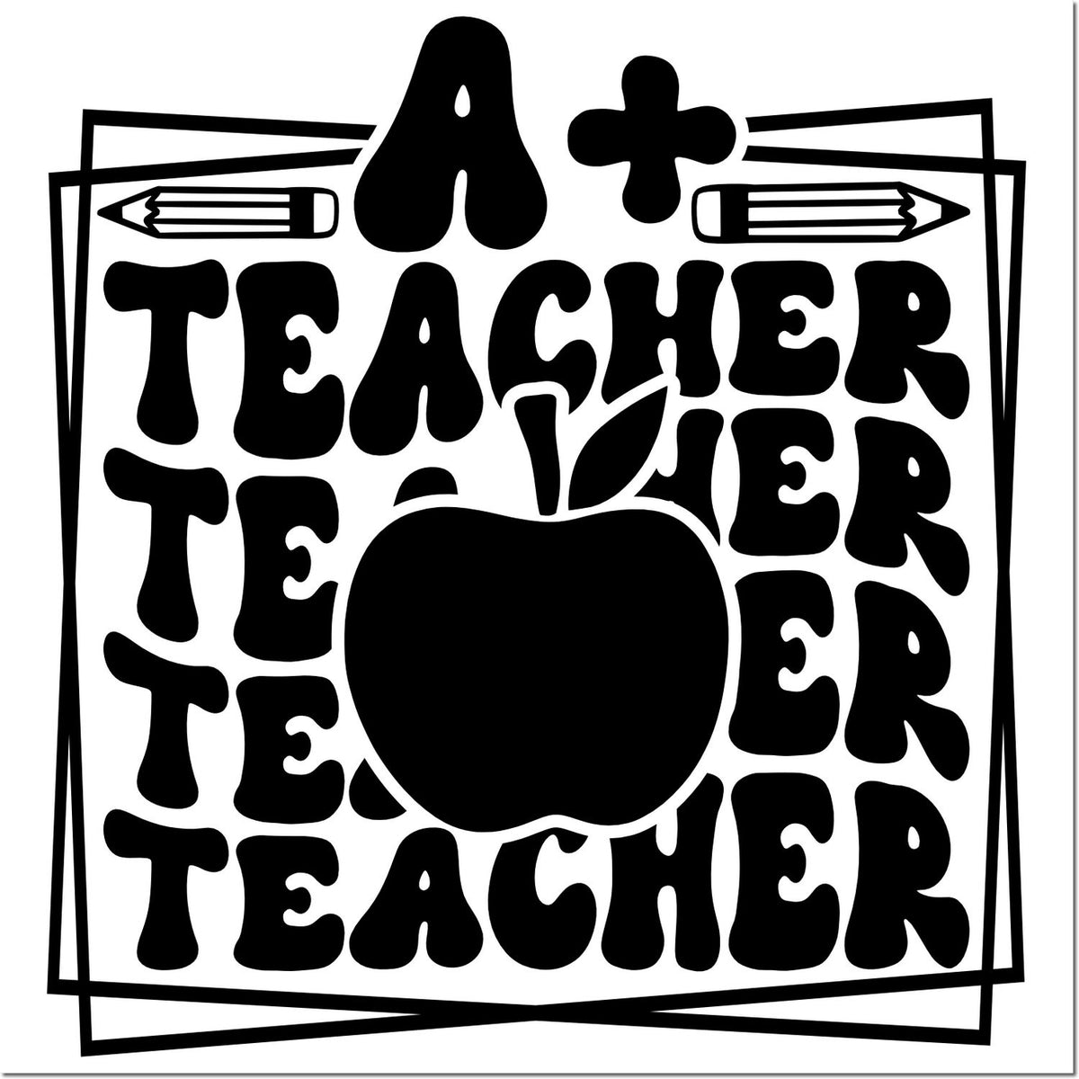 Teacher appreciation rubber stamp design with A+ apple and pencils, perfect for classroom gifts and grading notes.