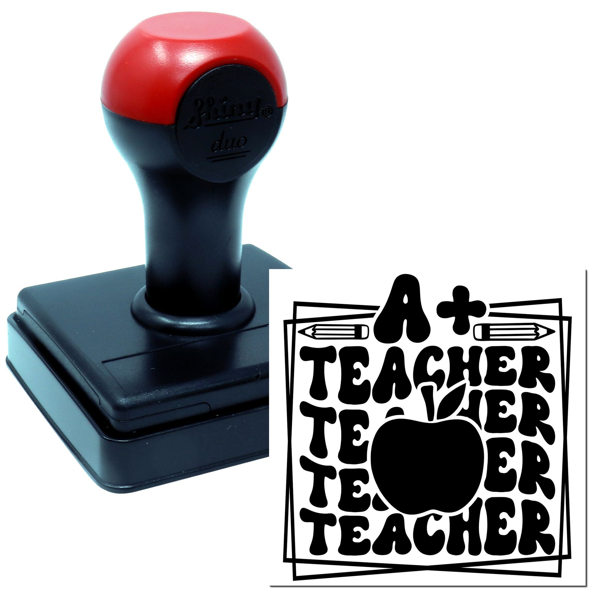 Self-inking teacher rubber stamp with apple and pencil design for classroom grading and lesson feedback.