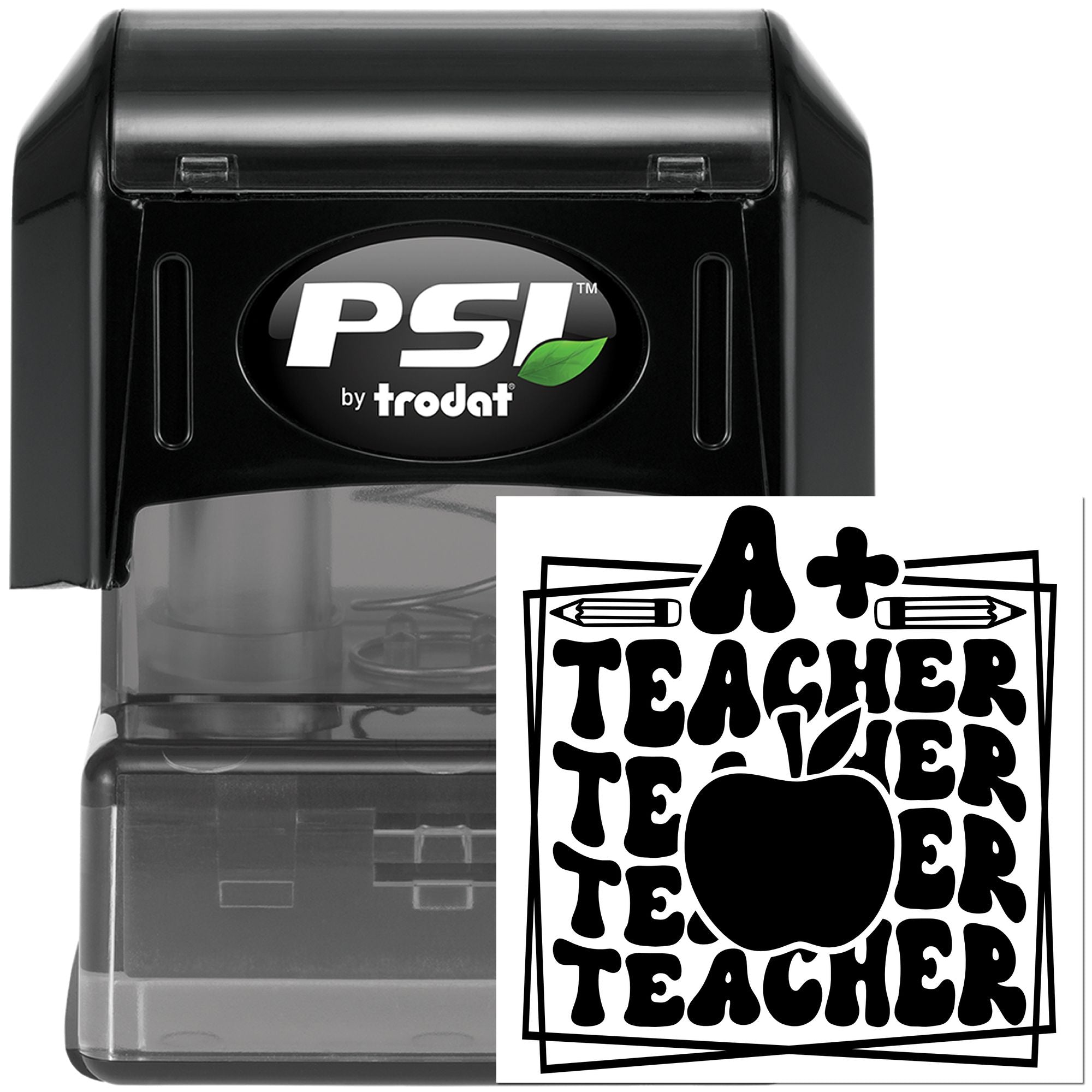 PSI by Trodat self-inking rubber stamp with A+ Teacher apple design for classroom grading and educator rewards.