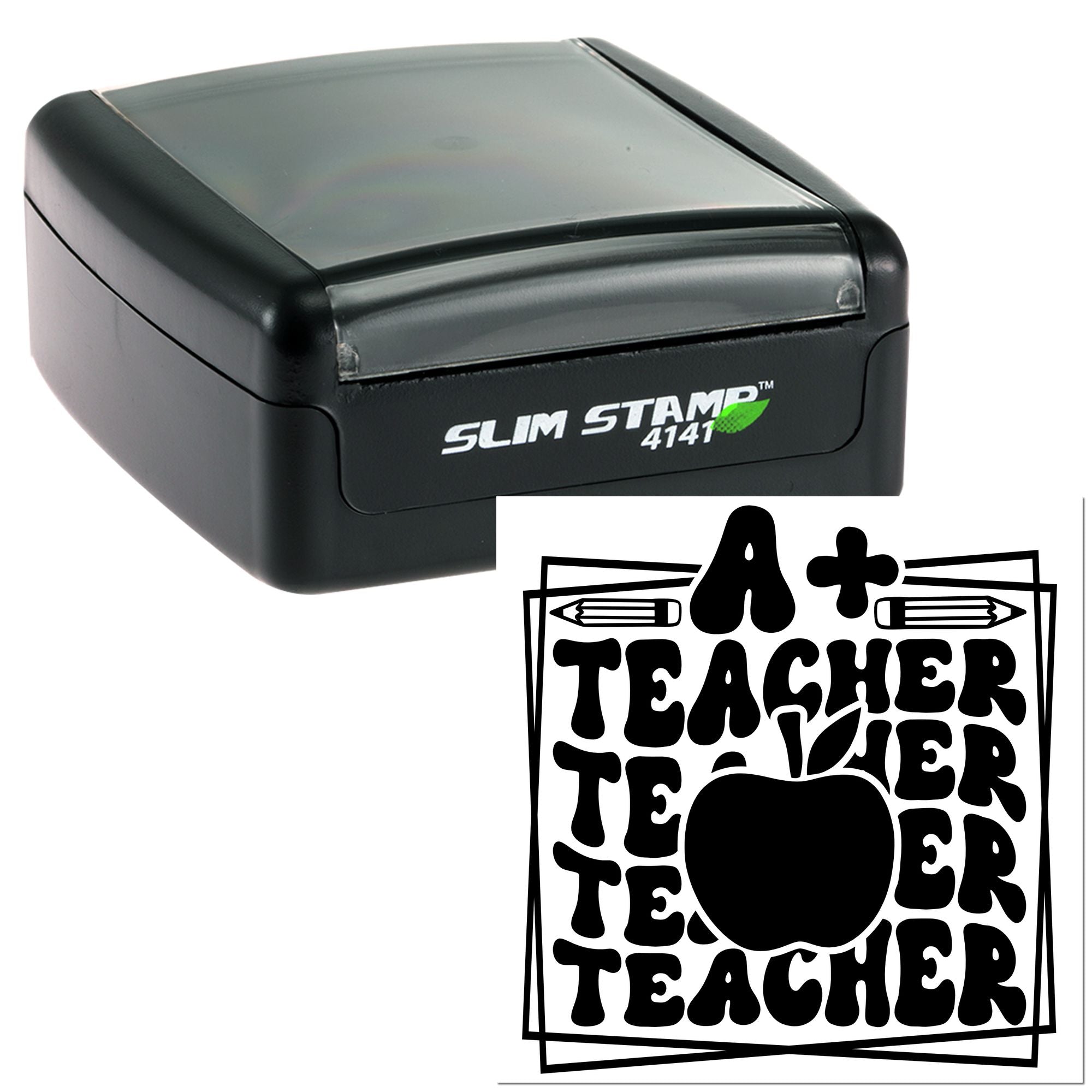 Slim Stamp 4141 self-inking teacher rubber stamp with apple design for classroom grading and rewards.