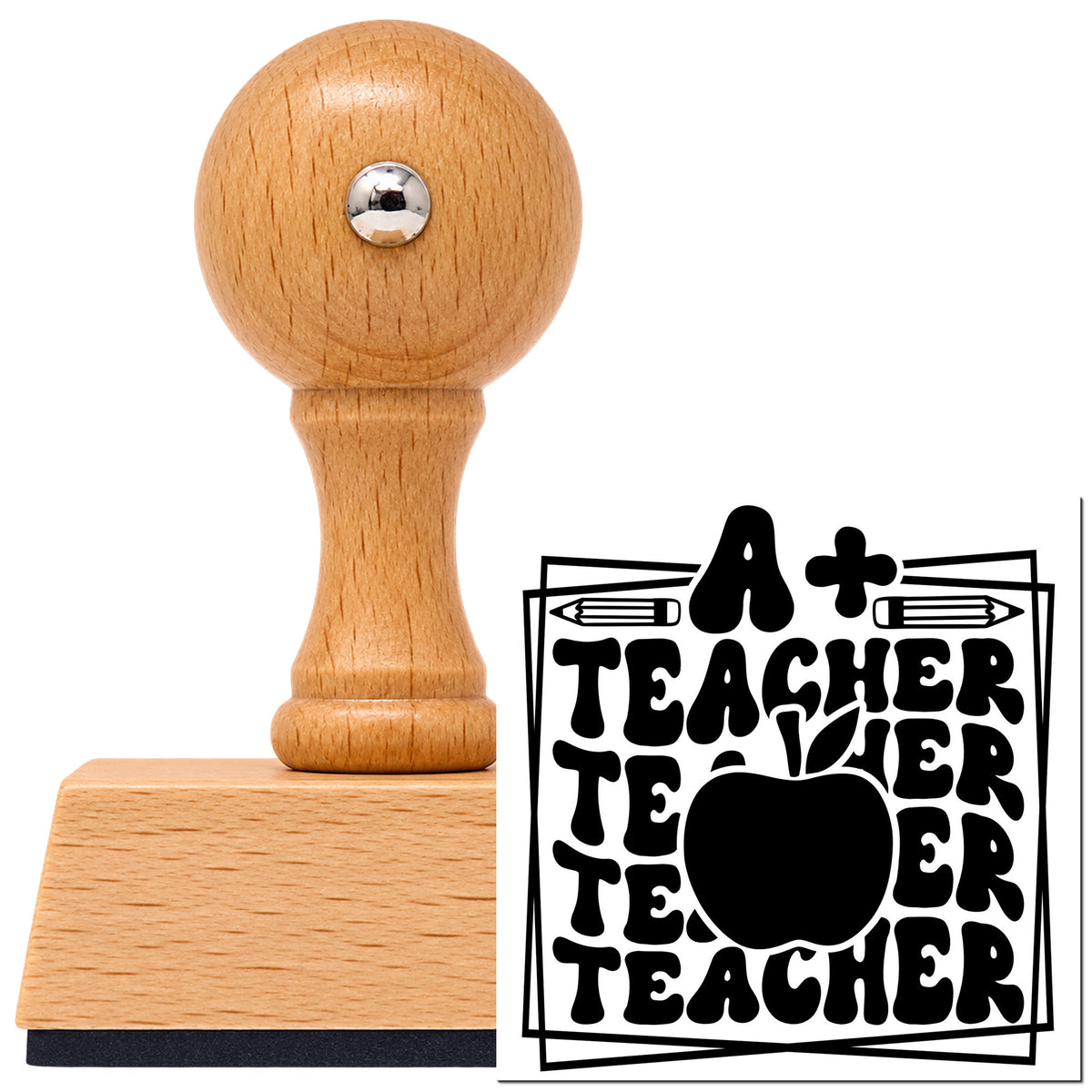 A Plus Teacher Repeated Framed Lettering Vintage Pro rubber stamp in European beech wood with a round knob handle, shown beside its black imprint.