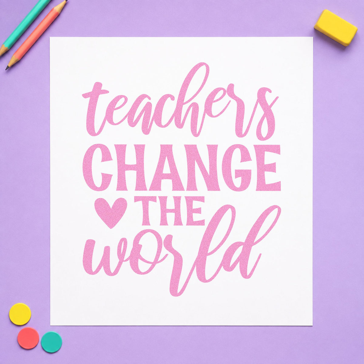 Teachers Change The World Heart craft stamp in purple ink on cardstock, an easy option for raffle prize tags.