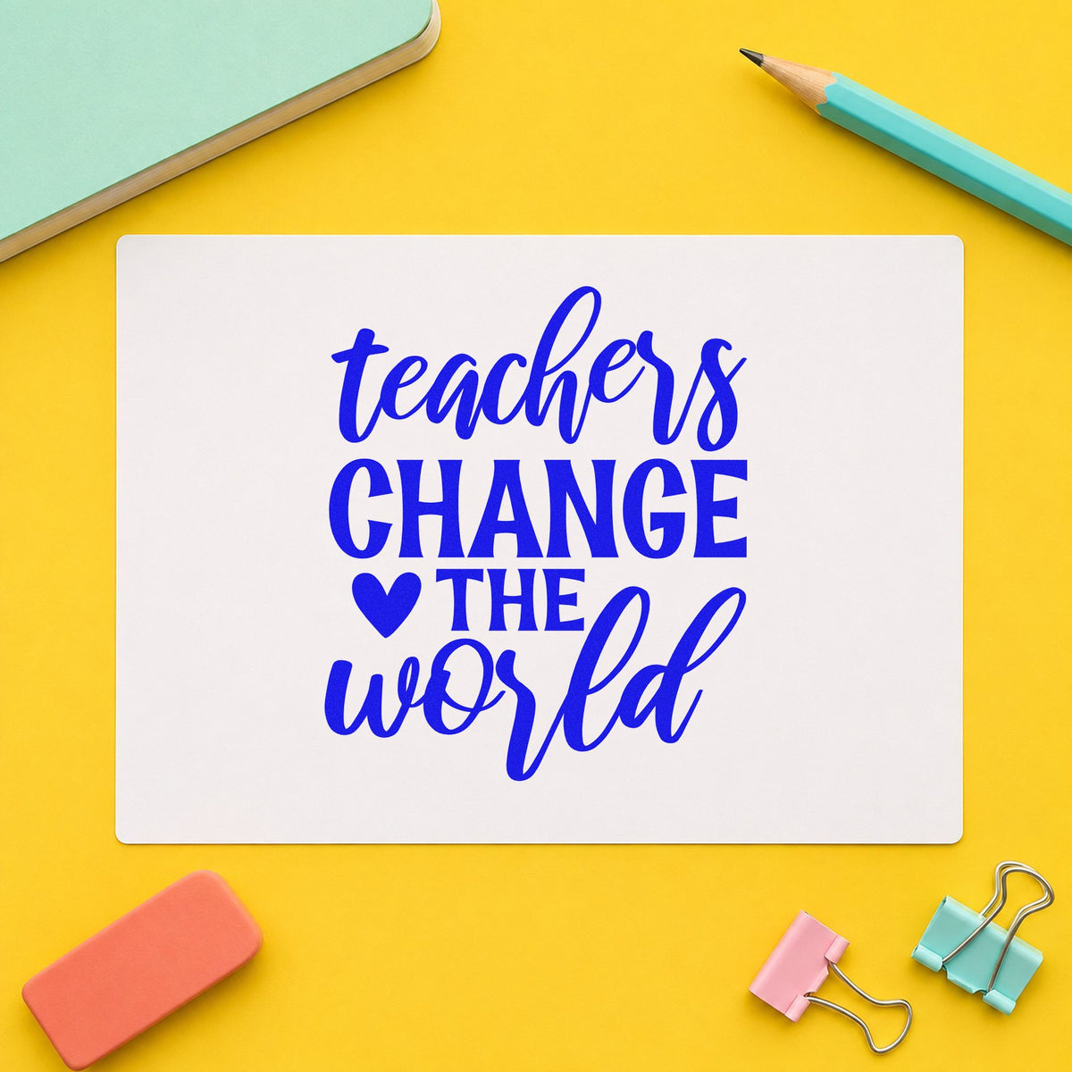 Teachers Change The World Heart craft stamp imprinted in blue ink on paper, a design suited to receipt book seals.