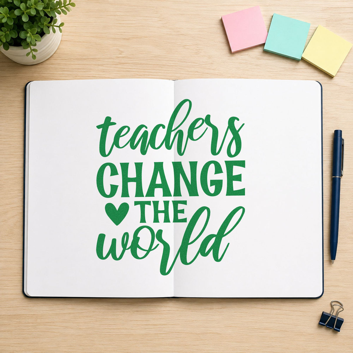 Teachers Change The World Heart craft stamp imprint in green ink on a handmade project, one idea being framed total board.