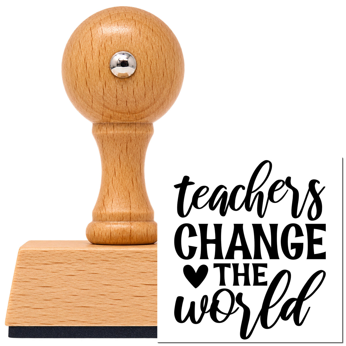 Teachers Change The World Heart Vintage Pro rubber stamp in European beech wood with a round knob handle, shown beside its black imprint.