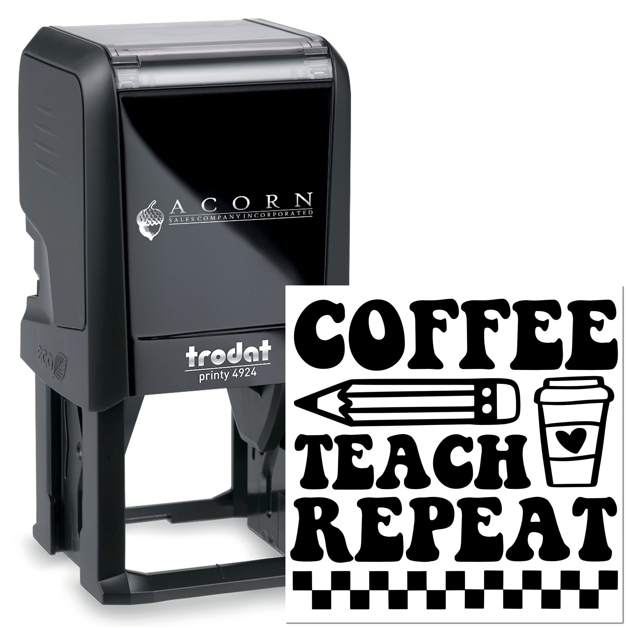 Custom self-inking rubber stamp for teachers with Coffee Teach Repeat design, pencil icon, and coffee cup graphic.