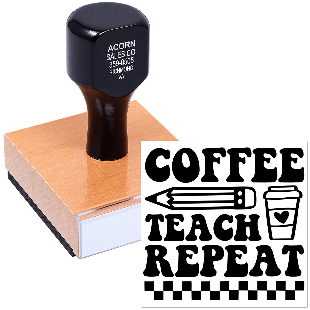 Coffee Teacher Repeat rubber stamp with pencil and coffee cup design, shown on a wooden stamp block for classroom crafts.